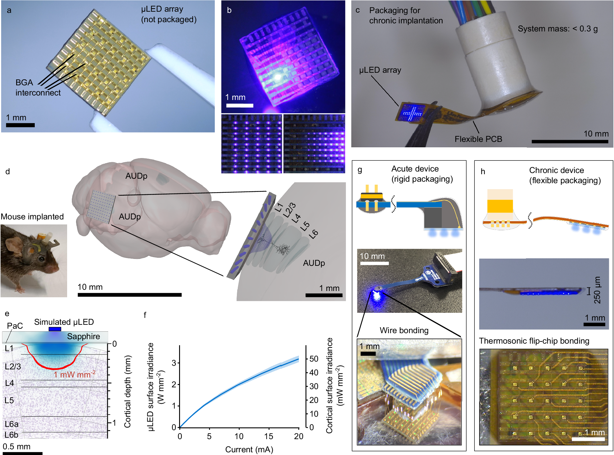 Fig. 1: Design and modelling of μLED array systems for optogenetic stimulation of the mouse cortical surface.