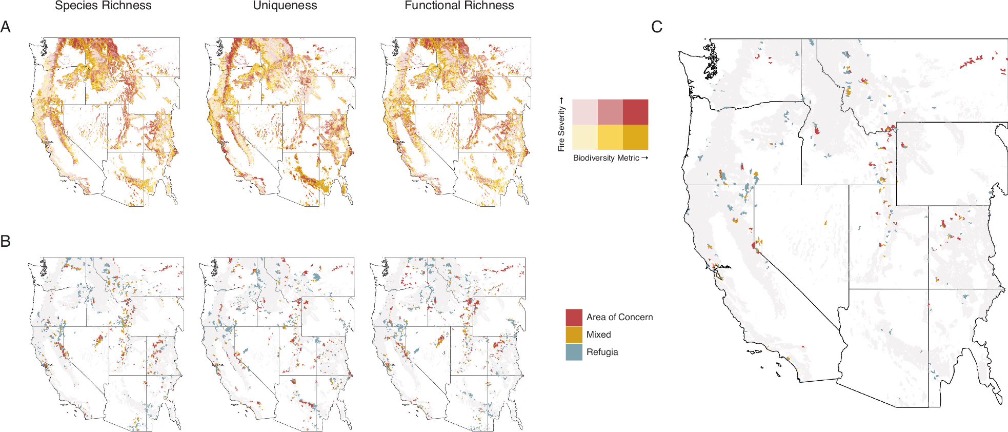 Fig. 2: Maps comparing biodiversity distributions to fire severity including identified hotspots.