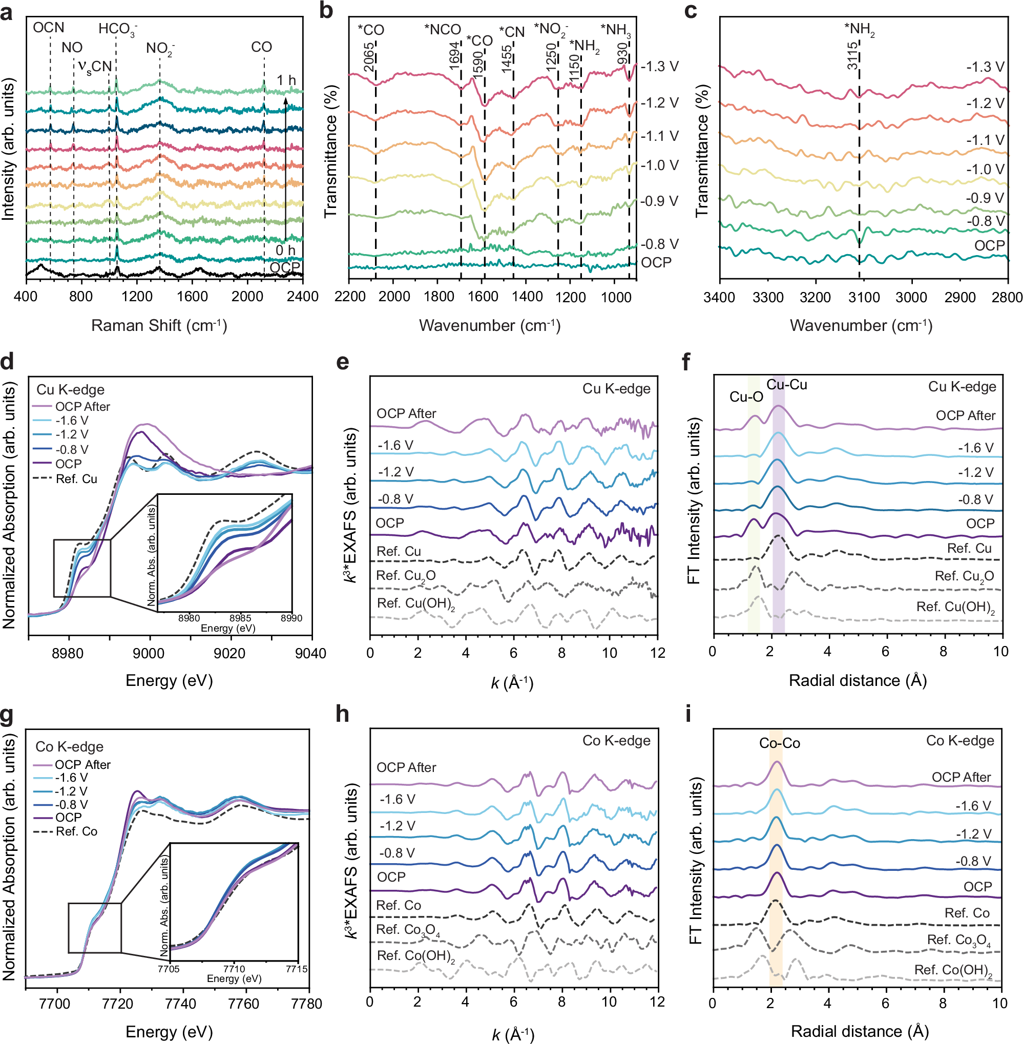 Fig. 5: In situ spectroelectrochemical investigation of Cu1Co1 catalyst.
