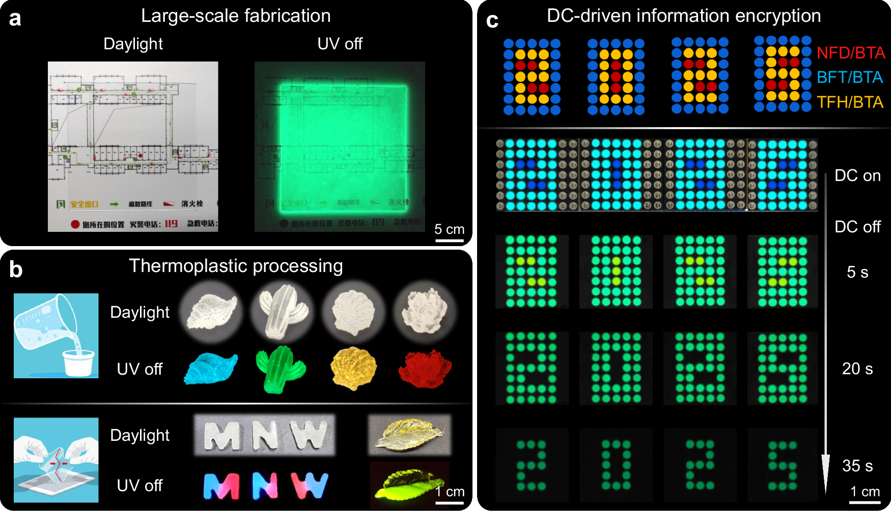 Fig. 5: Demonstration of large-scale fabrication and thermoplastic processing of BTA-based doped glass for the potential application.