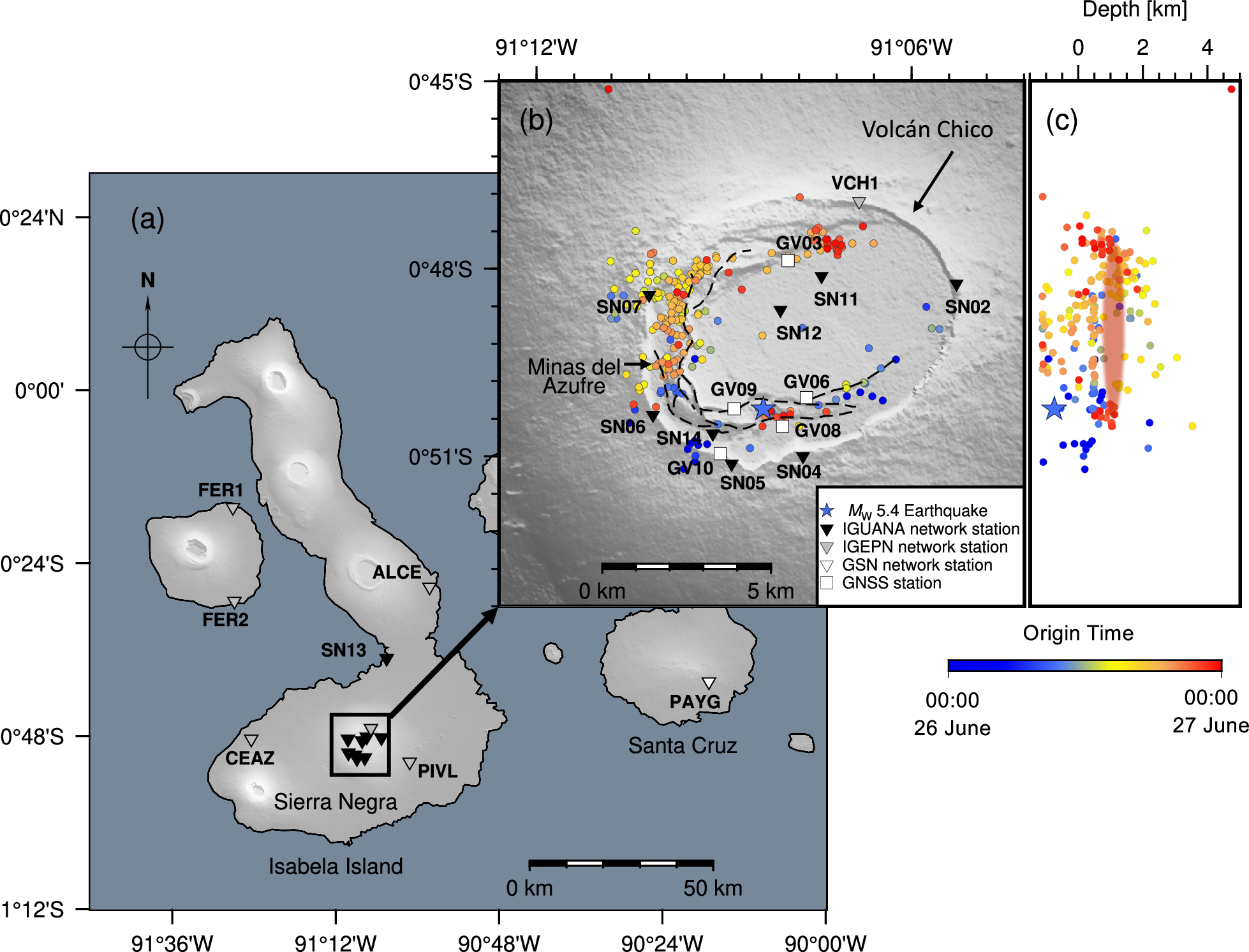 Fig. 1: Seismic and geodetic monitoring of the 2018 Sierra Negra eruption.
