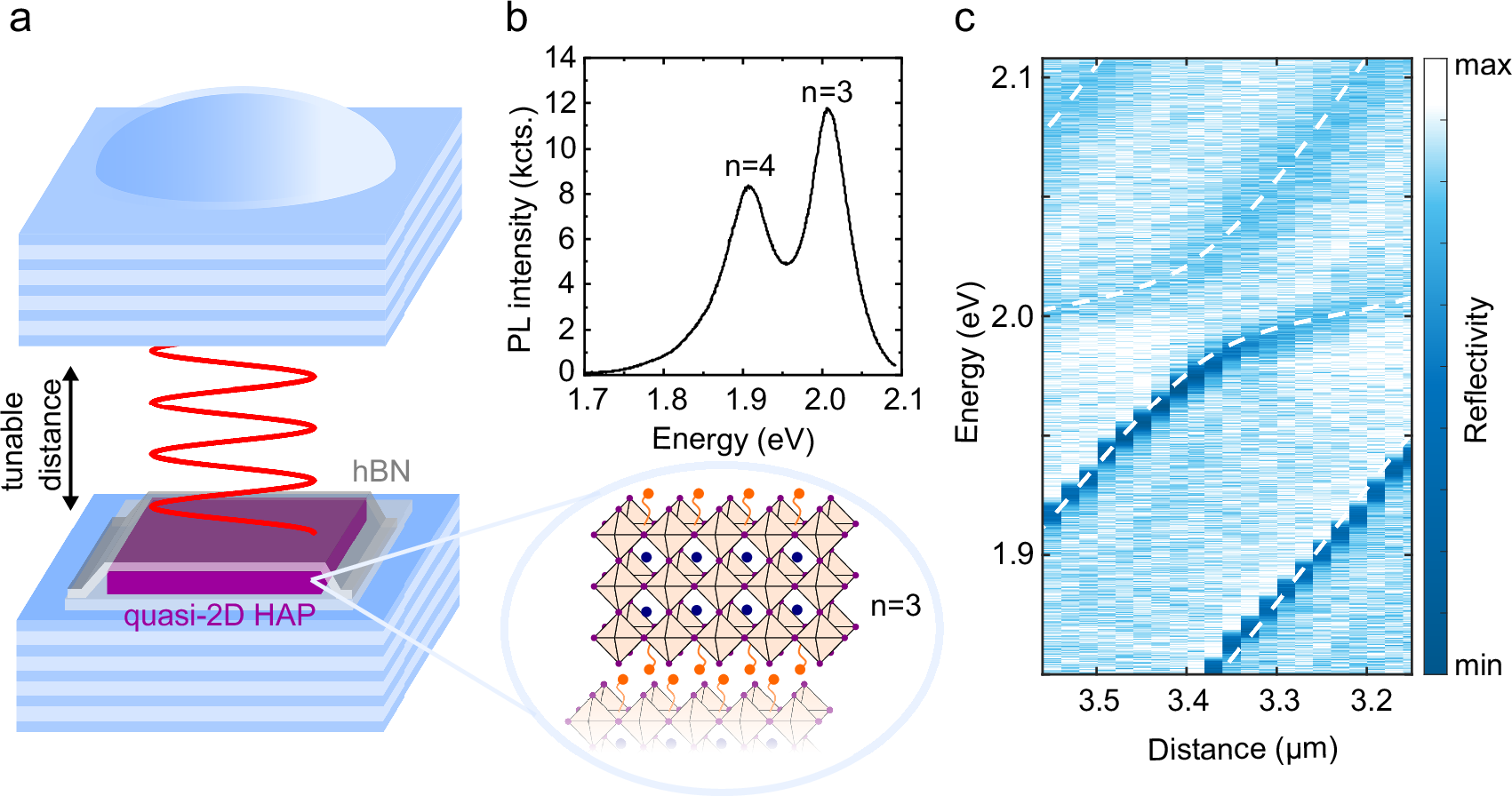Fig. 1: Open cavity hosting quasi-2D perovskite and strong coupling condition.