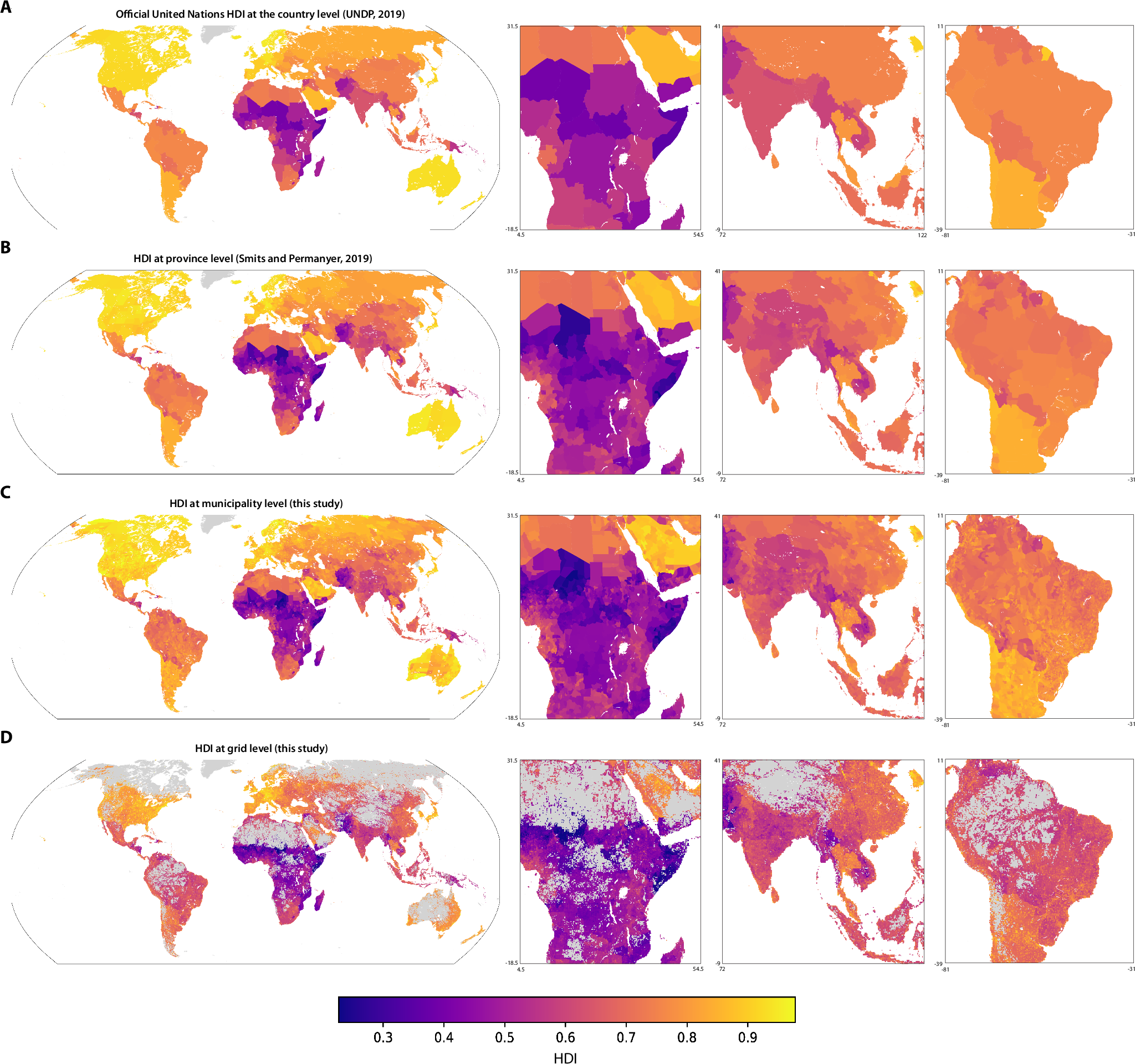 Fig. 3: Global HDI estimates at the municipal and grid levels.