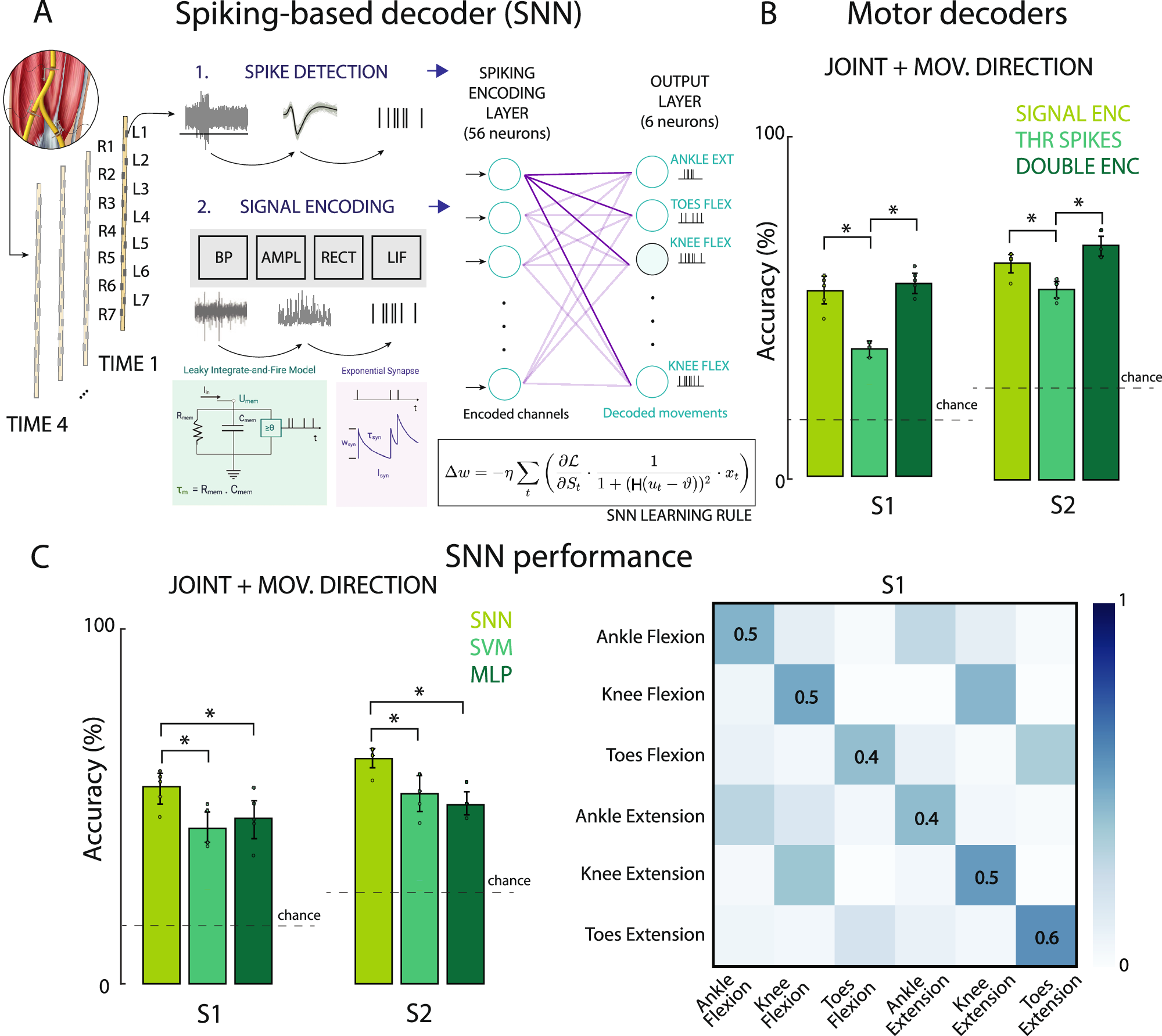 Fig. 4: Spiking neural networks to decode phantom movements from the intraneural recordings.
