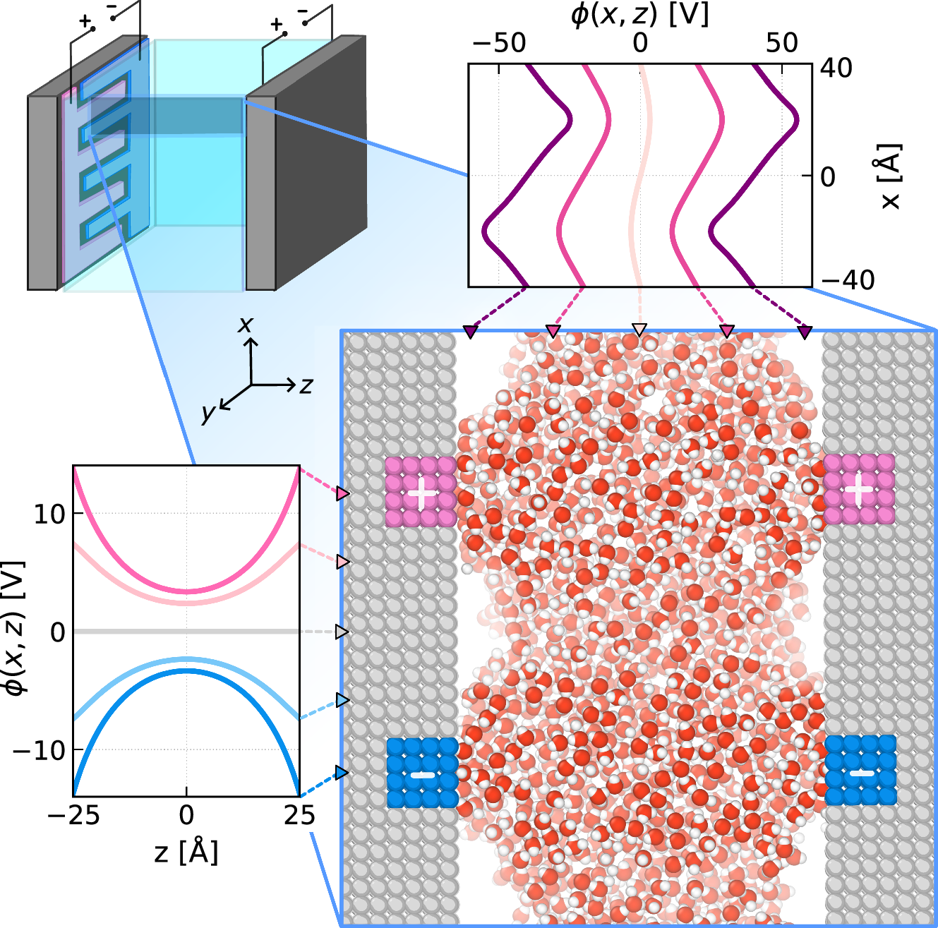 Fig. 1: Inhomogeneous electric fields arising from interdigitated electrodes strongly influence water’s wetting behavior.