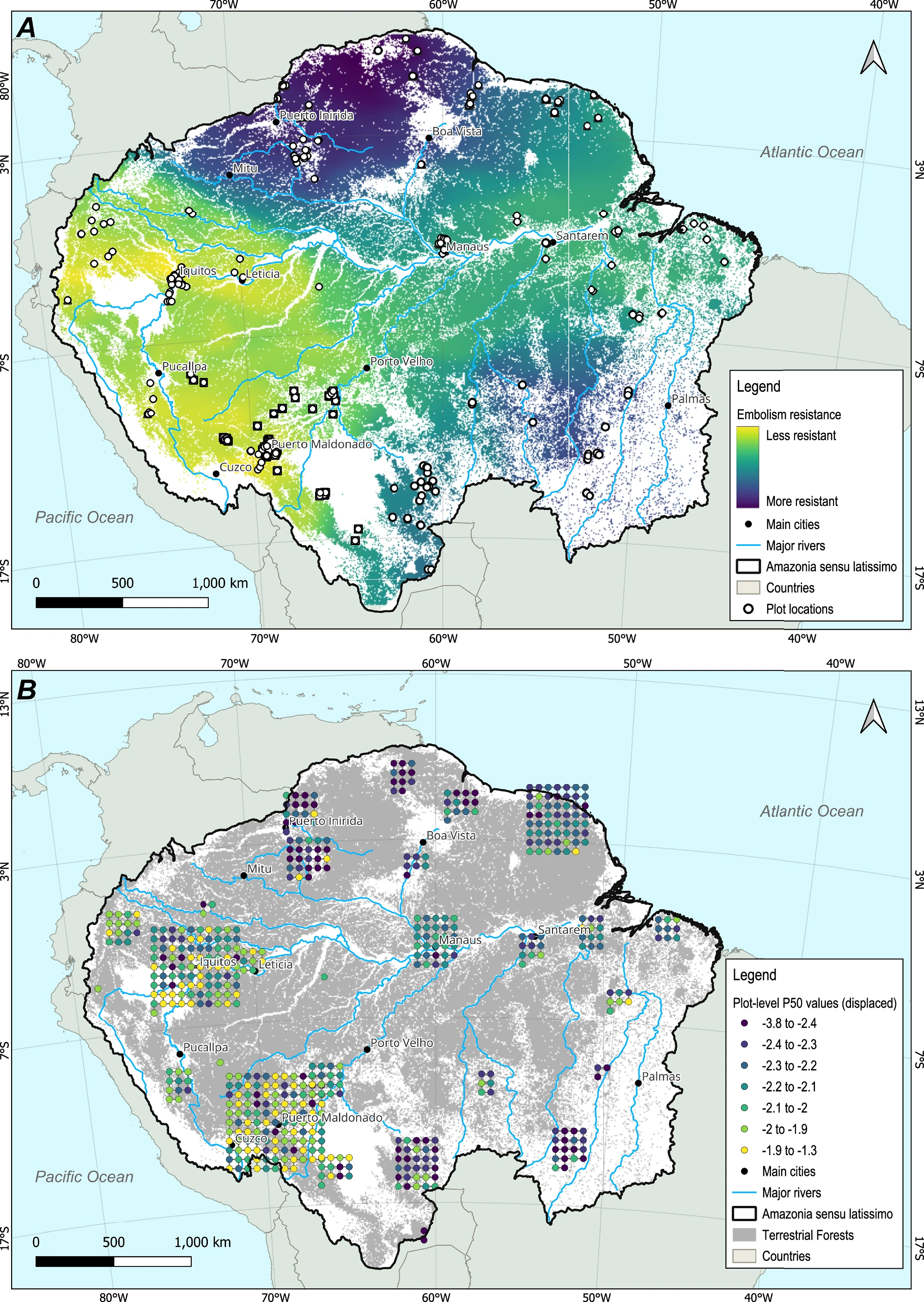 Variação espacial estimada em toda a bacia da vulnerabilidade amazônica à embolia florestal
