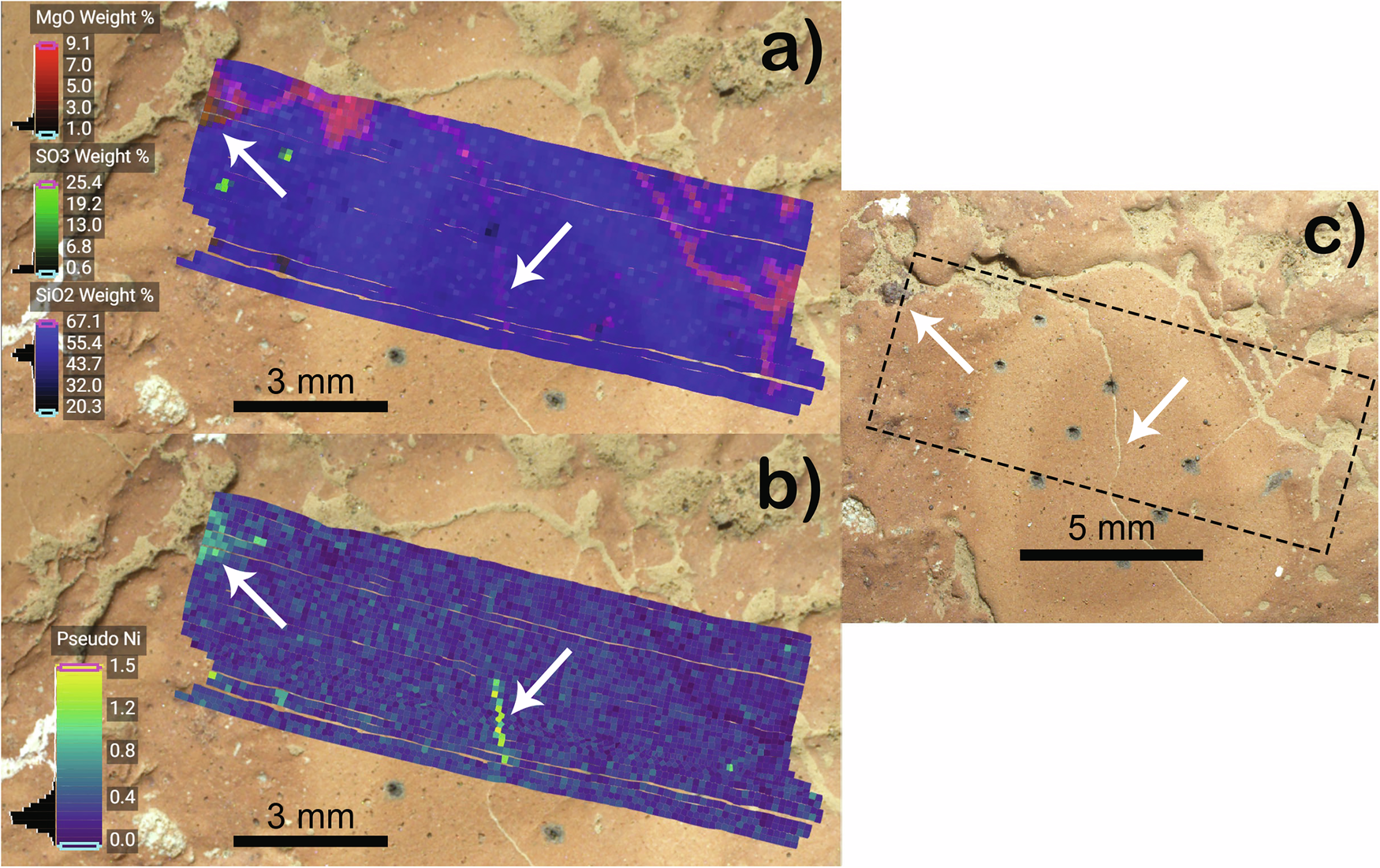 Fig. 6: Ni is present in bright Mg-sulfate veins, supporting an authigenic origin.