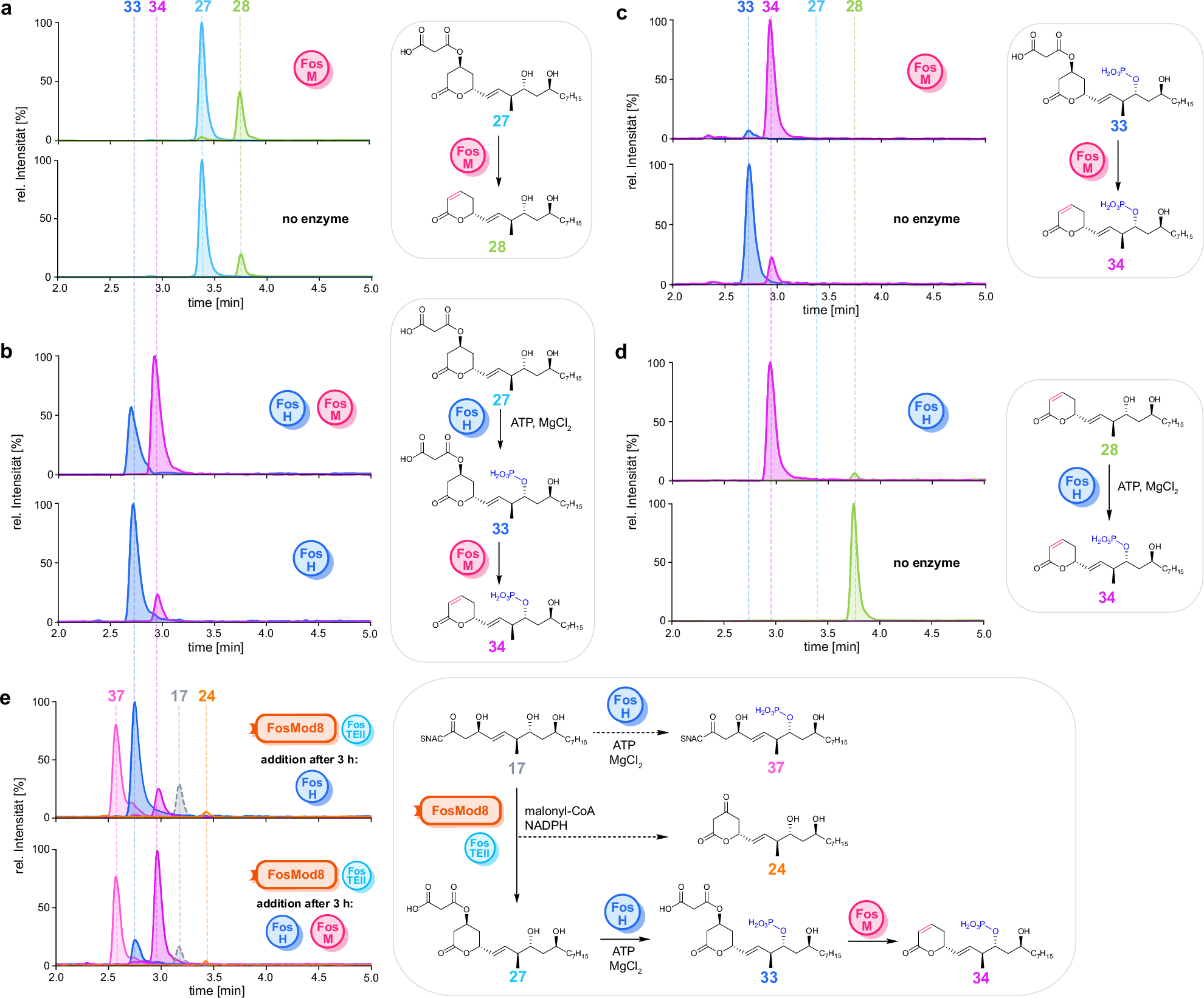 Fig. 6: LC-MS analysis of in vitro assays with FosH and FosM.