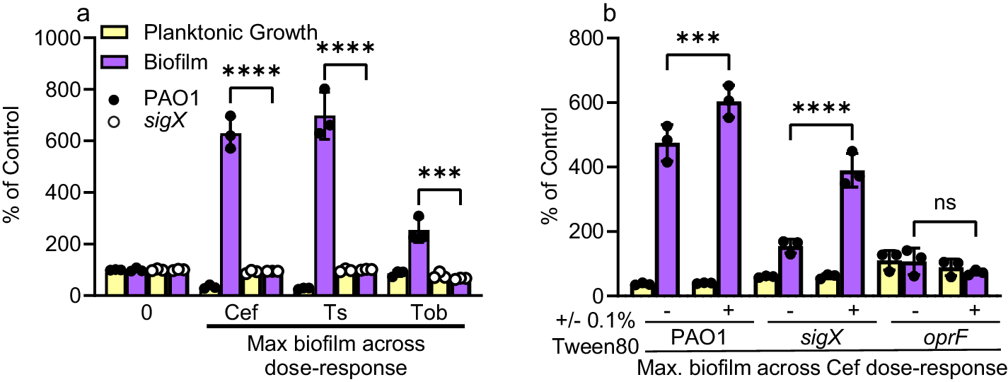 Fig. 5: Sub-MIC antibiotics fail to stimulate biofilm formation in a sigX mutant.