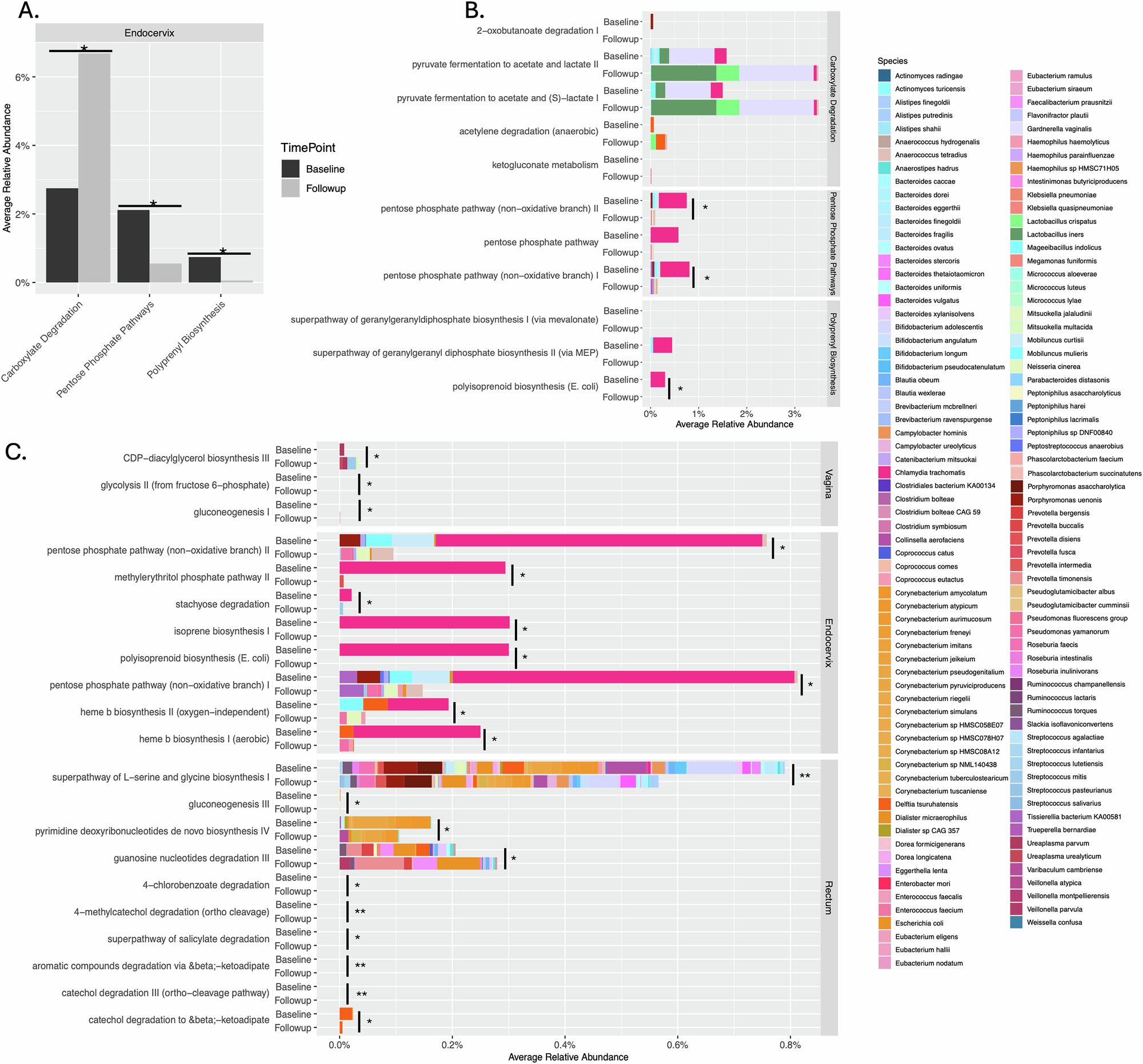 Fig. 8: Function- and pathway-level community analysis of paired vaginal, endocervical and rectal microbiomes of women who cleared their Ct infection following antibiotic treatment.