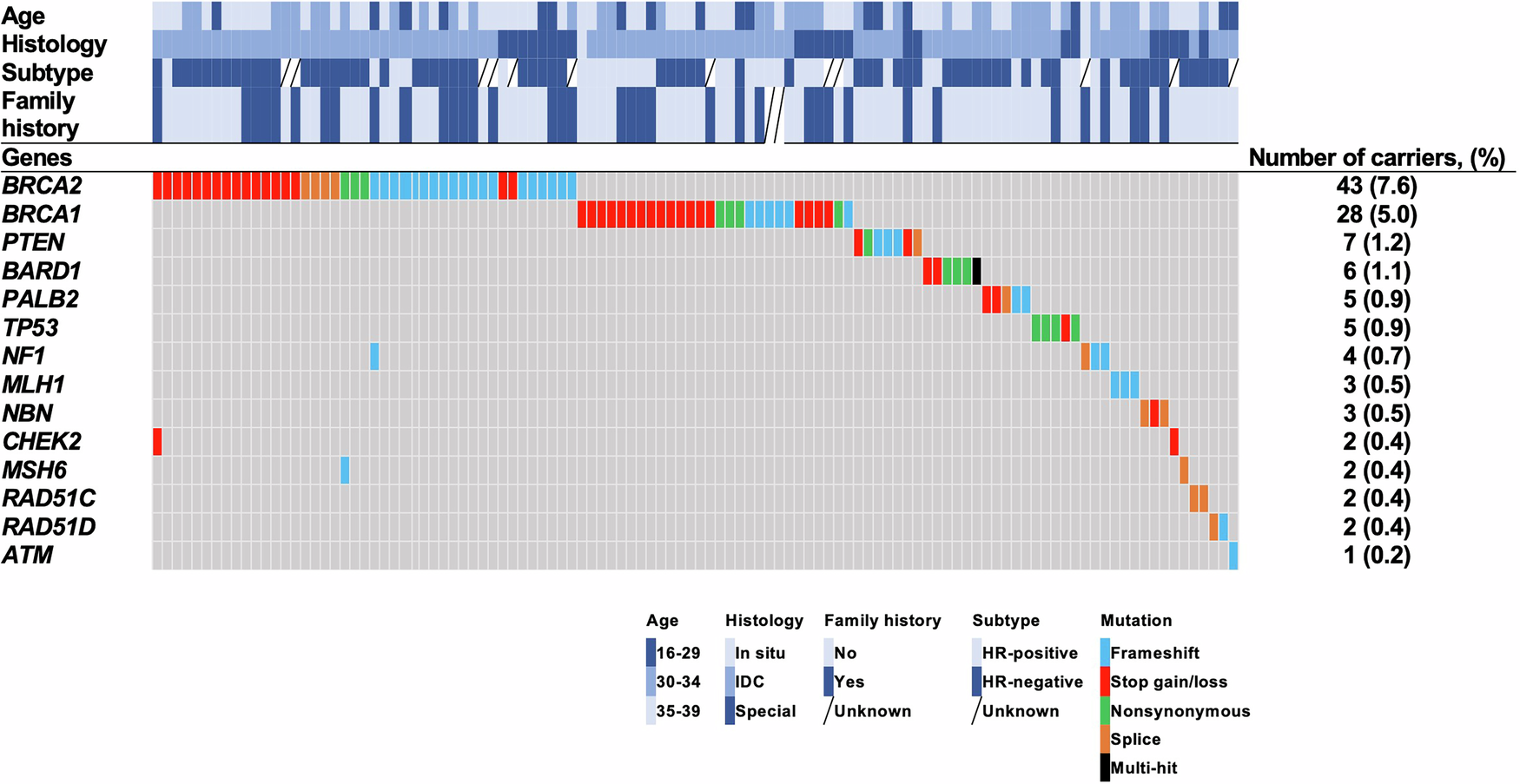 Fig. 2: Germline variants in 26 cancer susceptibility genes in young-onset breast cancer.