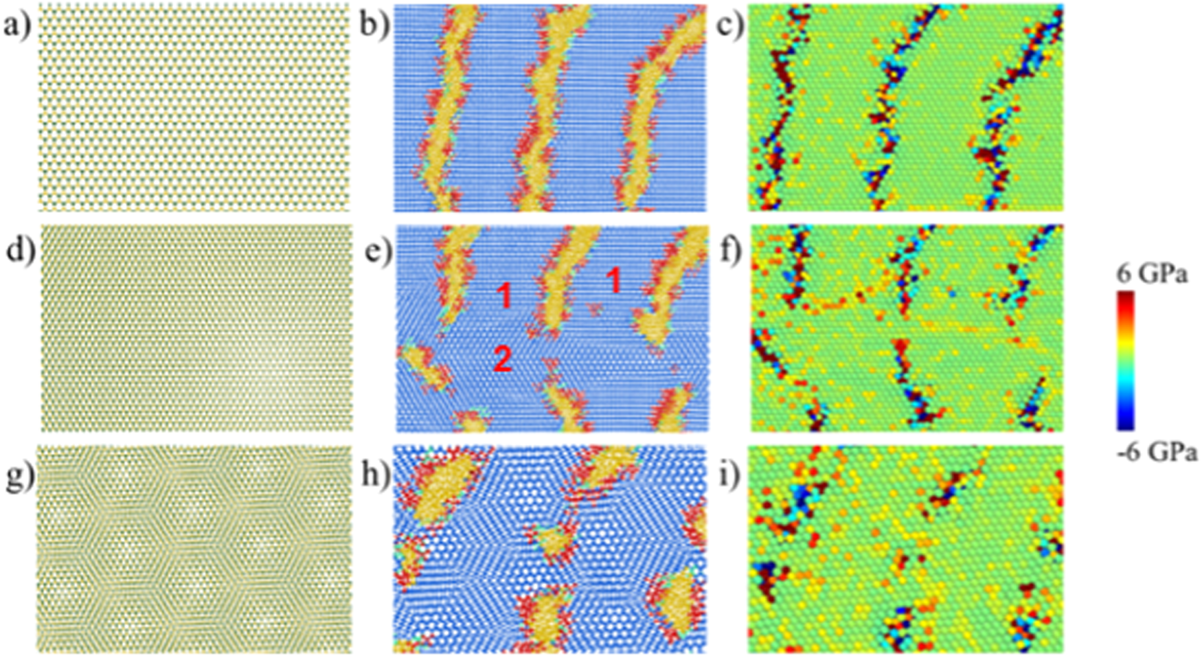 Fig. 5: Shows defect generation and moiré patterns in the bilayer MoS2 before and after the surface acoustic wave (SAW) passes through the constituent monolayers.