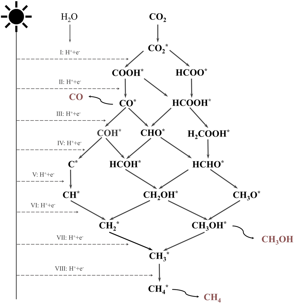 Fig. 1: The protonation steps and reaction network of CO2 conversion with H2O to C1 products.