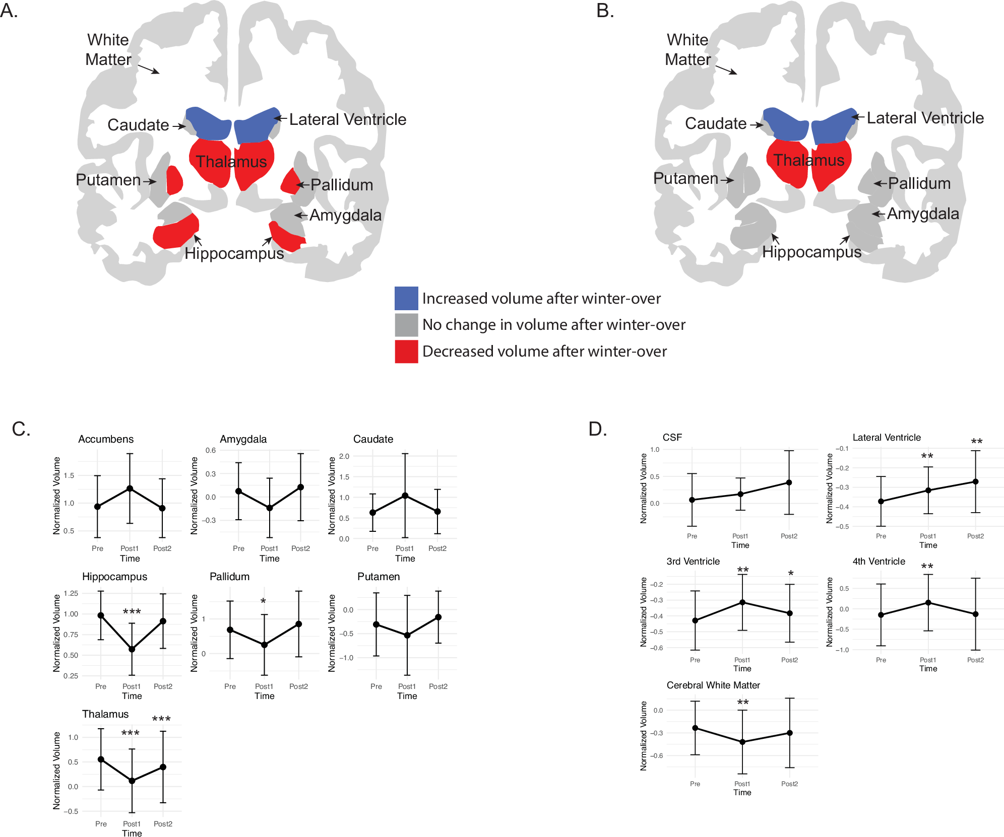Fig. 2: Crewmembers show a decrease in gray matter volume in several subcortical brain regions and increase in ventricular volume after a winter-over at the Concordia station.