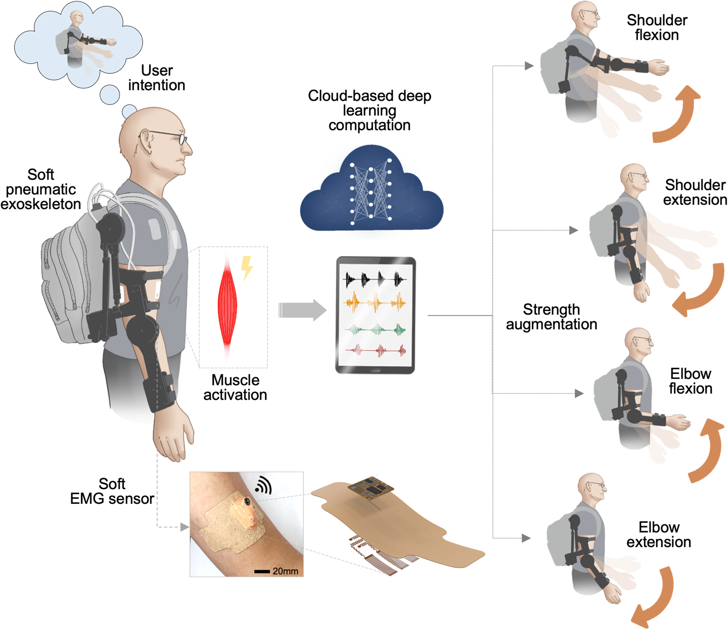 Intelligent upper-limb exoskeleton integrated with soft bioelectronics and  deep learning for intention-driven augmentation