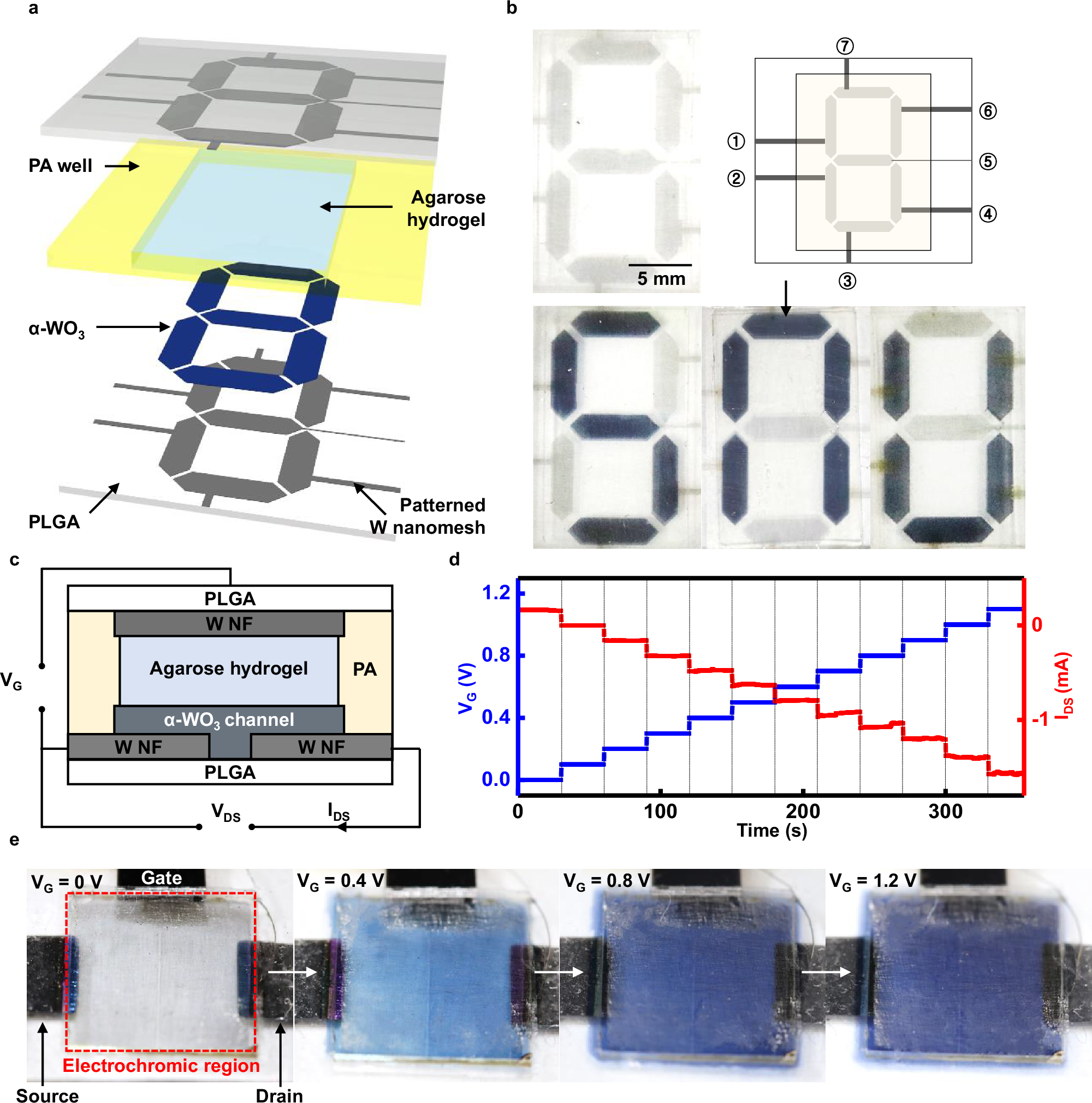 Fig. 5: Performance demonstration of multiple BECD pixels and biodegradable electrochemical transistor integrated with electrochromic layer.