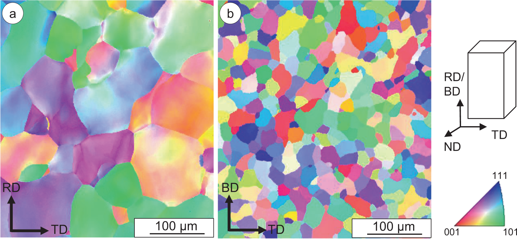 Fig. 2: EBSD orientation mappings with indication in normal direction (ND).