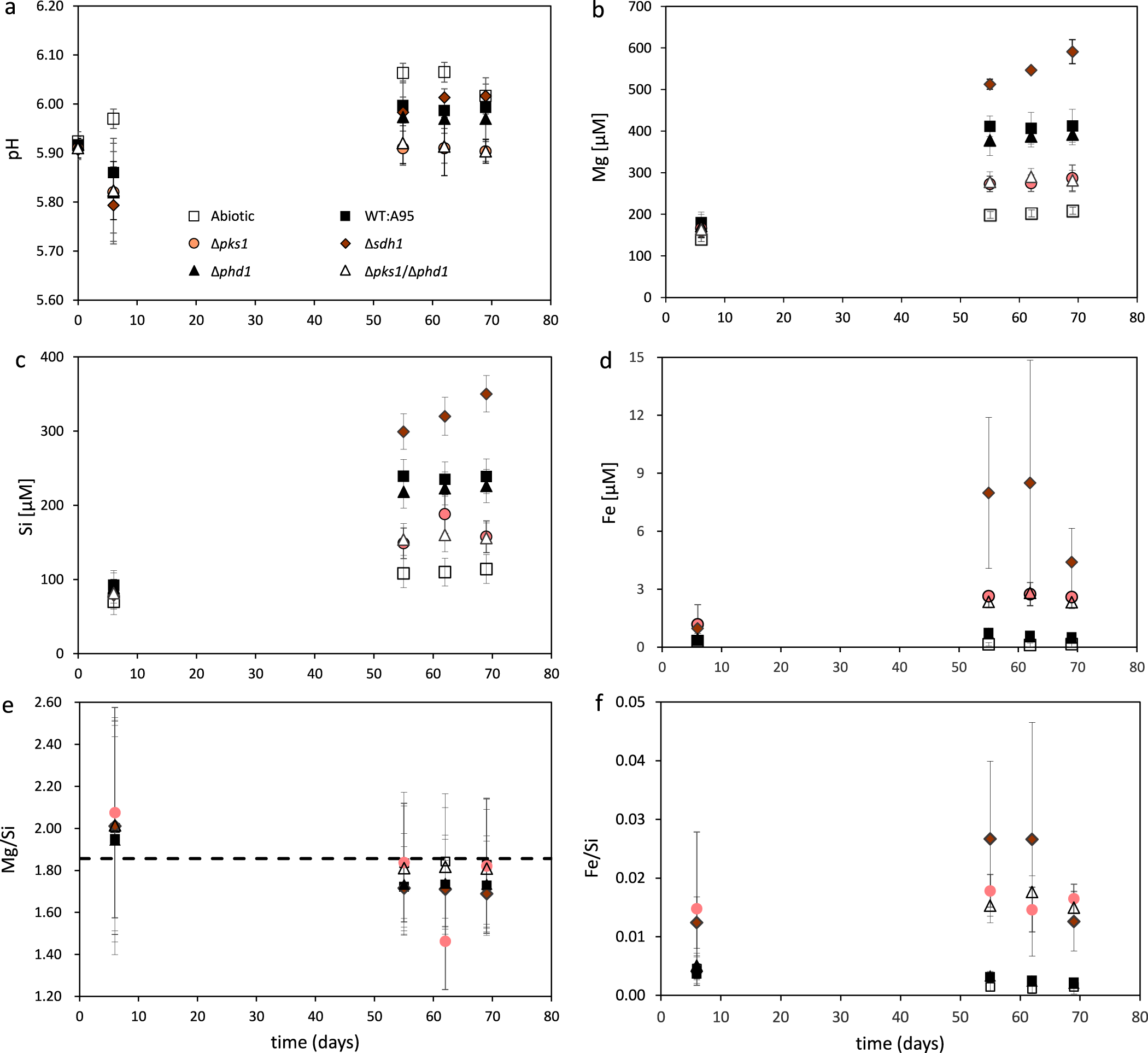 Fig. 3: Temporal evolution of the pH and Mg (µM), Si (µM), and Fe (µM) concentration and the Mg/Si and Fe/Si concentration ratios of the olivine dissolution experiments.
