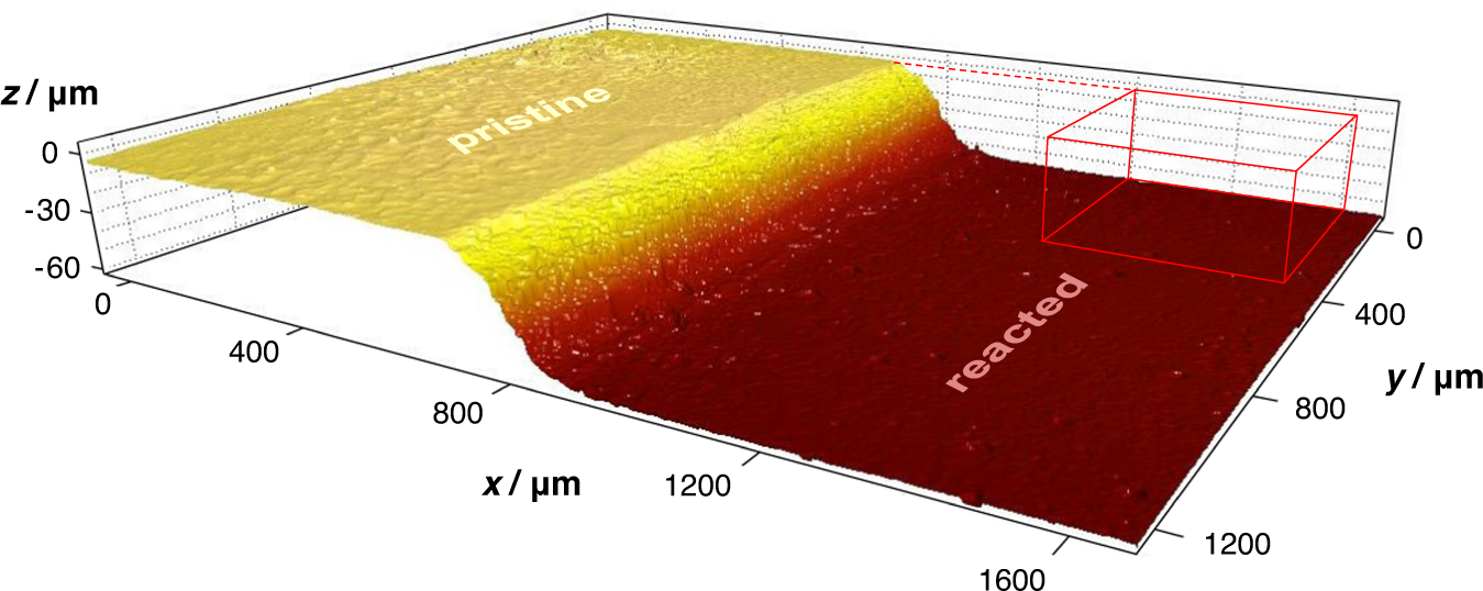 Fig. 1: 3D VSI image of a partly reacted PET film surface.