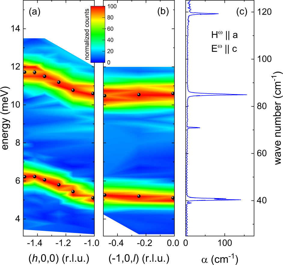 Fig. 2: Comparison of magnon dispersion and THz spectra.