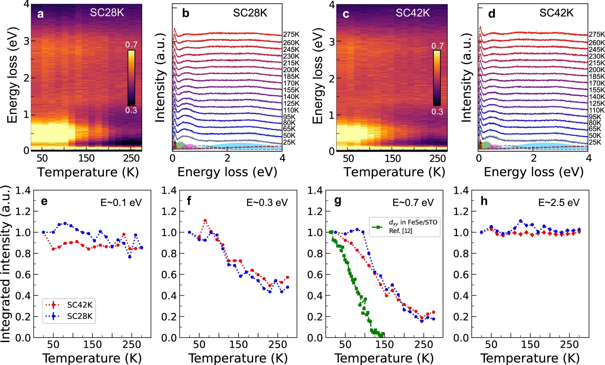 Fig. 4: Temperature dependence of SC28K and SC42K at q = [−0.2, 0].