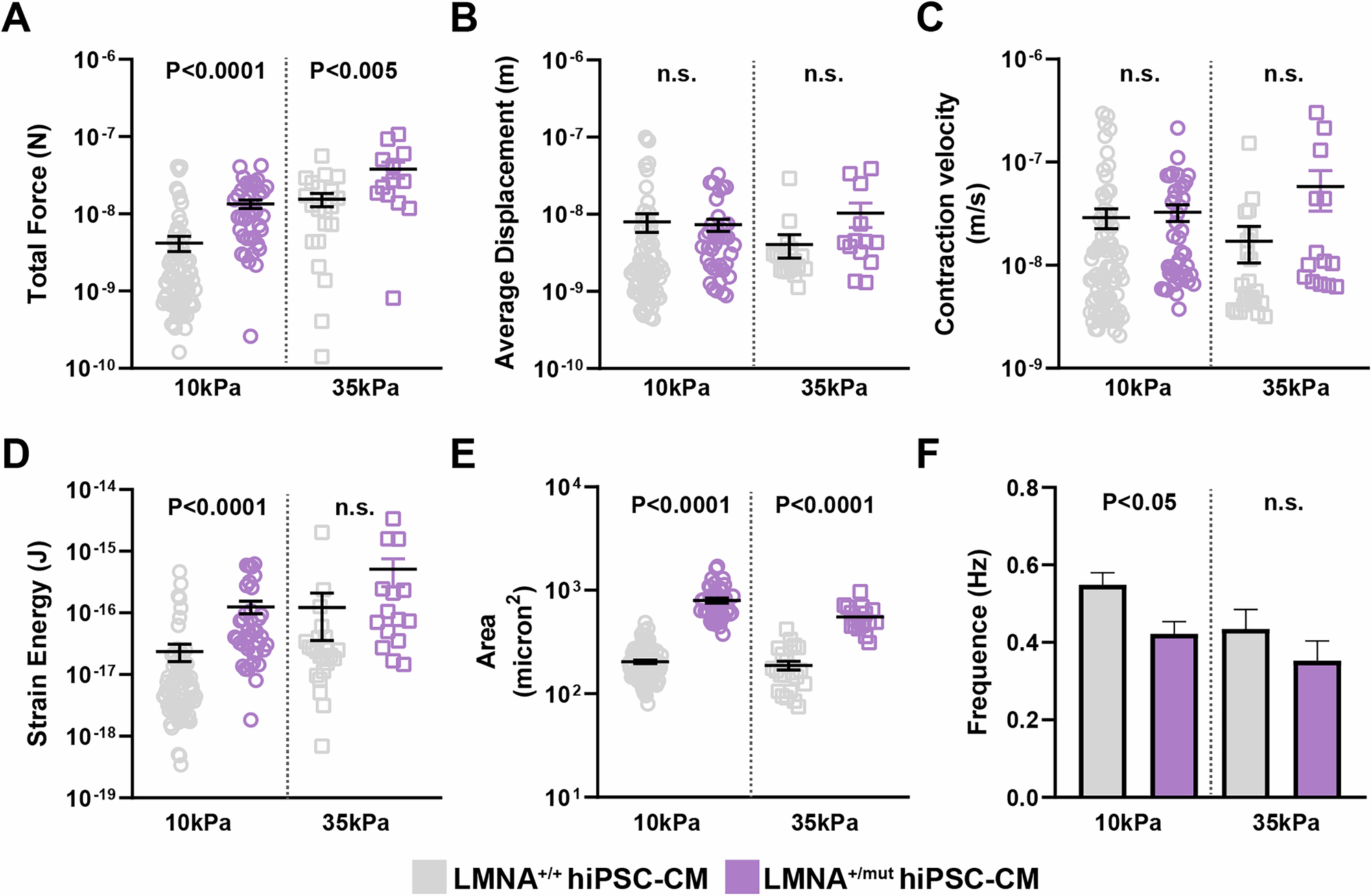 Fig. 3: LMNA+/mut hiPSC-CMs exhibit altered force generation measured by traction force microscopy.
