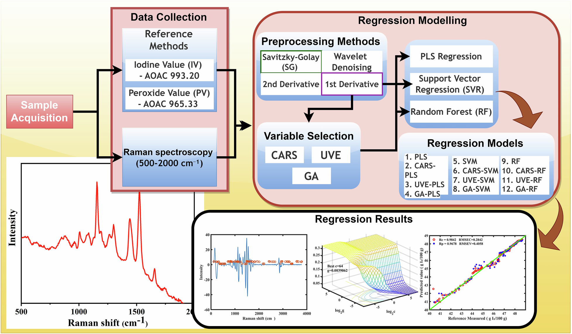 Fig. 1: Schematic workflow of machine learning-assisted Raman spectroscopy for non-destructive quality assessment of crude palm oil.