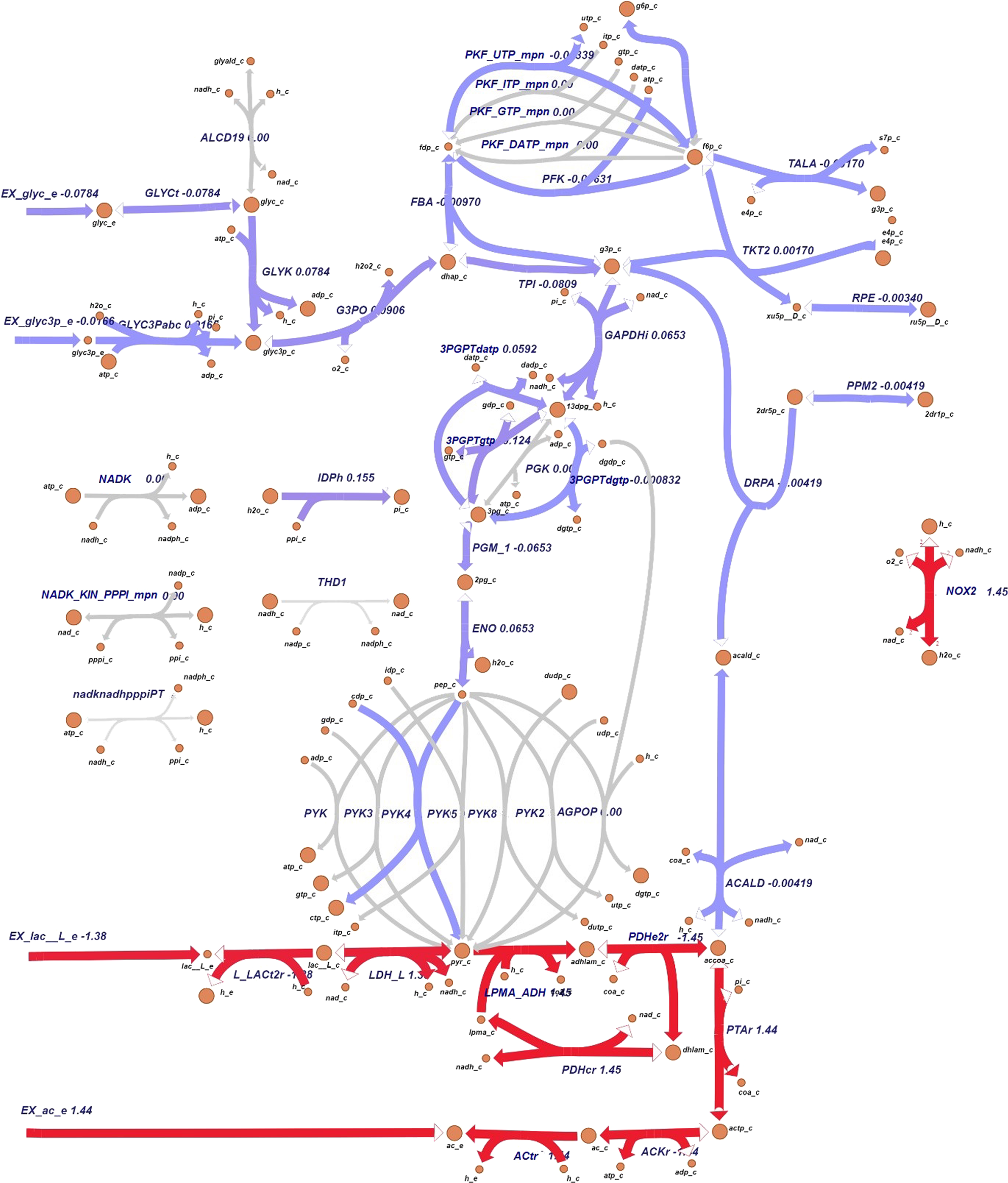 Fig. 7: Visualization of flux differences in M. pneumoniae glycolysis pathway.