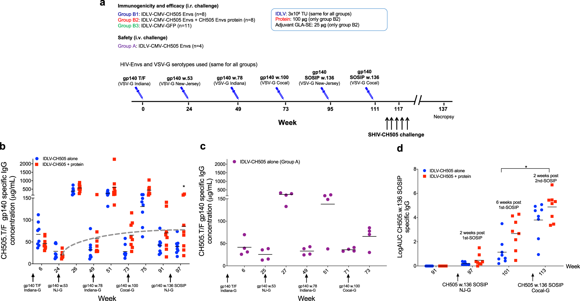 Fig. 1: Magnitude and durability of antibody responses induced by sequential IDLV-CH505 Env immunizations.