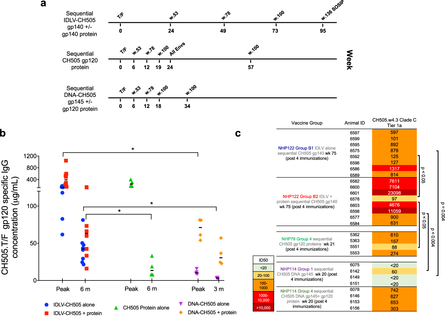 Fig. 4: Magnitude and durability of antibody responses induced by sequential IDLV, protein, and DNA +/− protein immunizations.