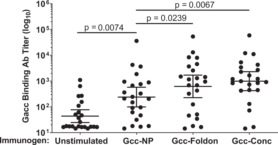 Fig. 3: Gcc-foldon and Gcc-Conc elicit higher Gacc-specific Abs than Gcc-NP in MIMIC®.