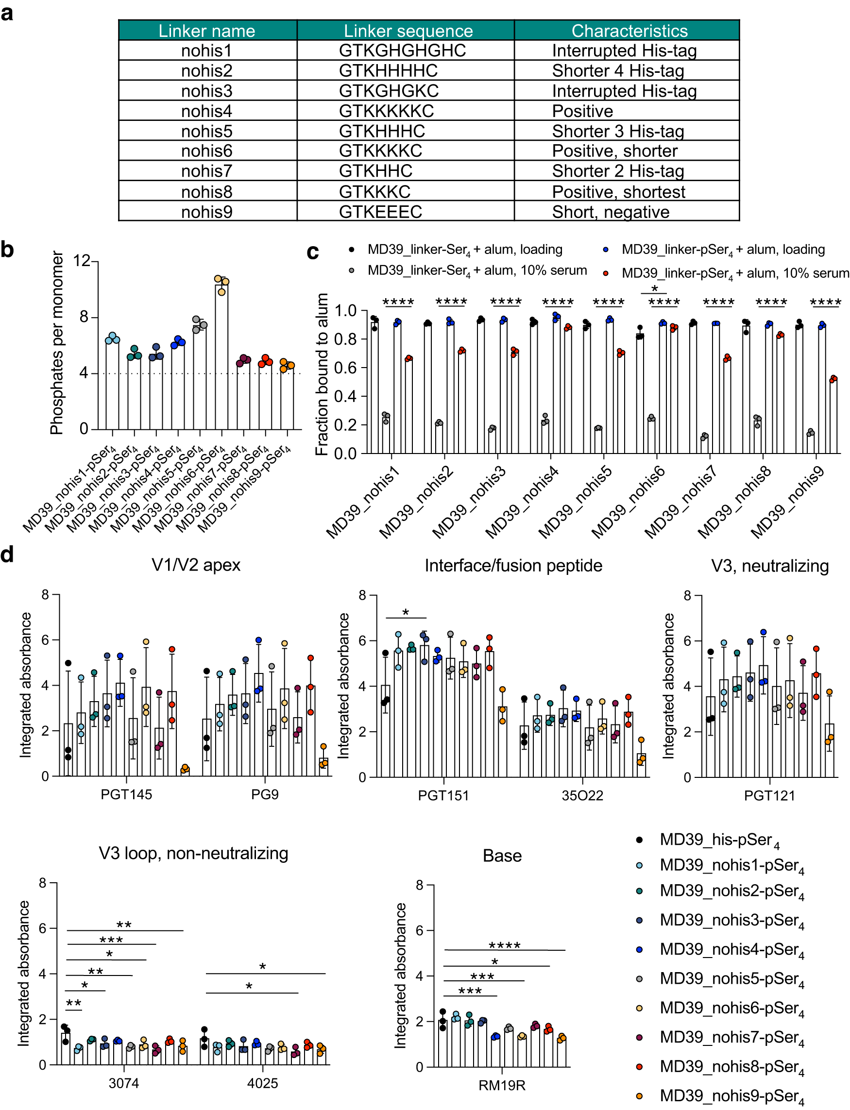Fig. 3: MD39 constructs containing alternate linkers retain alum binding properties and antigenicity profile when conjugated to pSer.