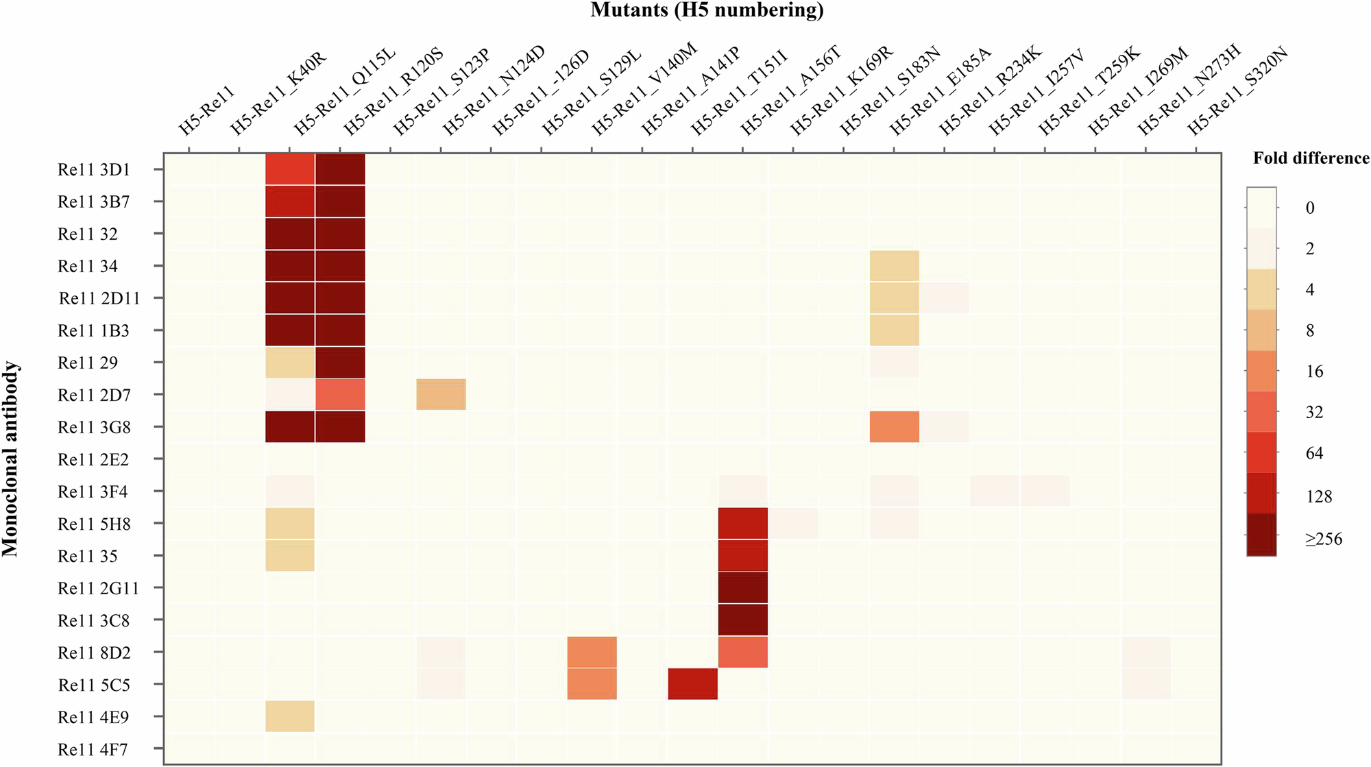 Fig. 2: Antigenic heat map of H5-Re11 mutants.