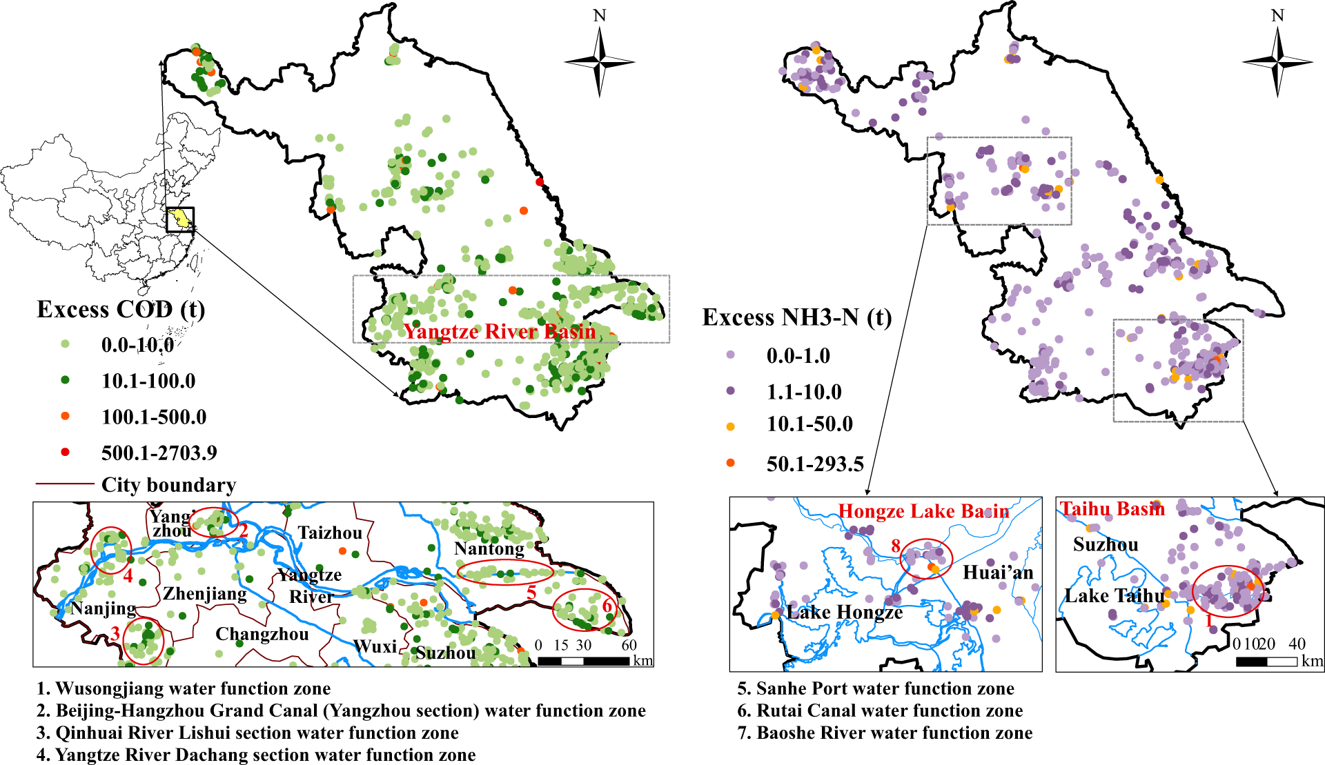 Fig. 1: Distribution of the industrial enterprises in Jiangsu Province with excess pollution discharge (tons/yr).