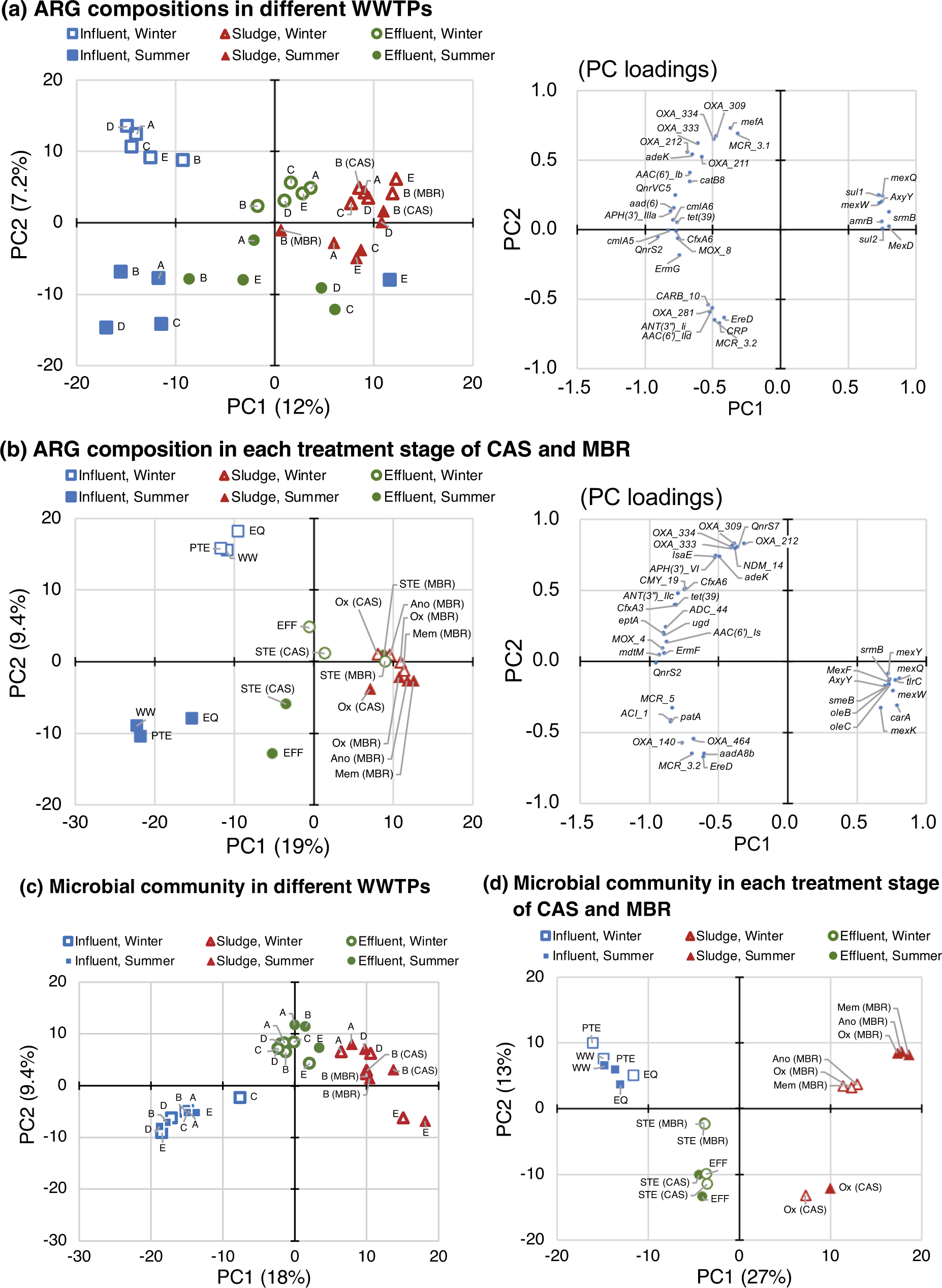Fig. 6: Comparison of the ARG composition and microbial community during wastewater treatment processes by principal component analysis (PCA).
