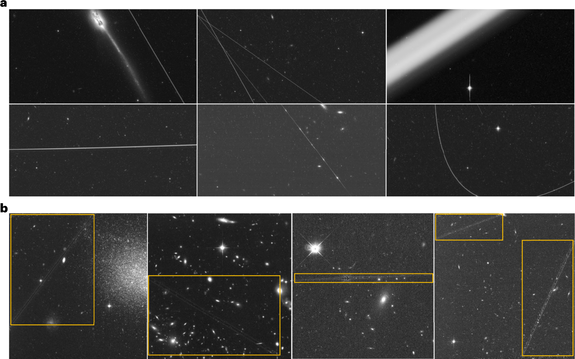 Fig. 1: Examples of satellite trails identified in HST individual exposures and composite images.