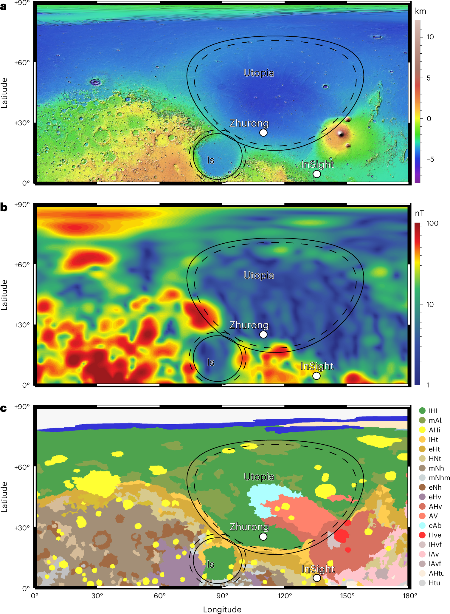 Fig. 1: Maps of Mars near the landing site in Mercator projection.