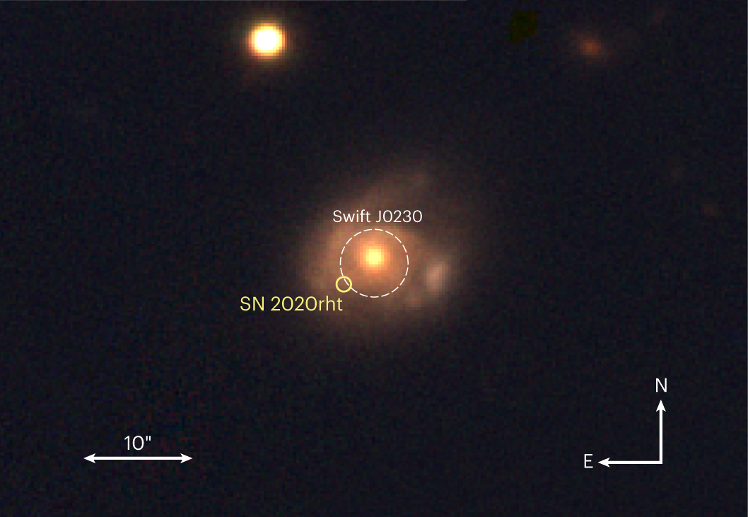 Fig. 1: Location of the new transient, Swift J0230, relative to its host galaxy and an old supernova.