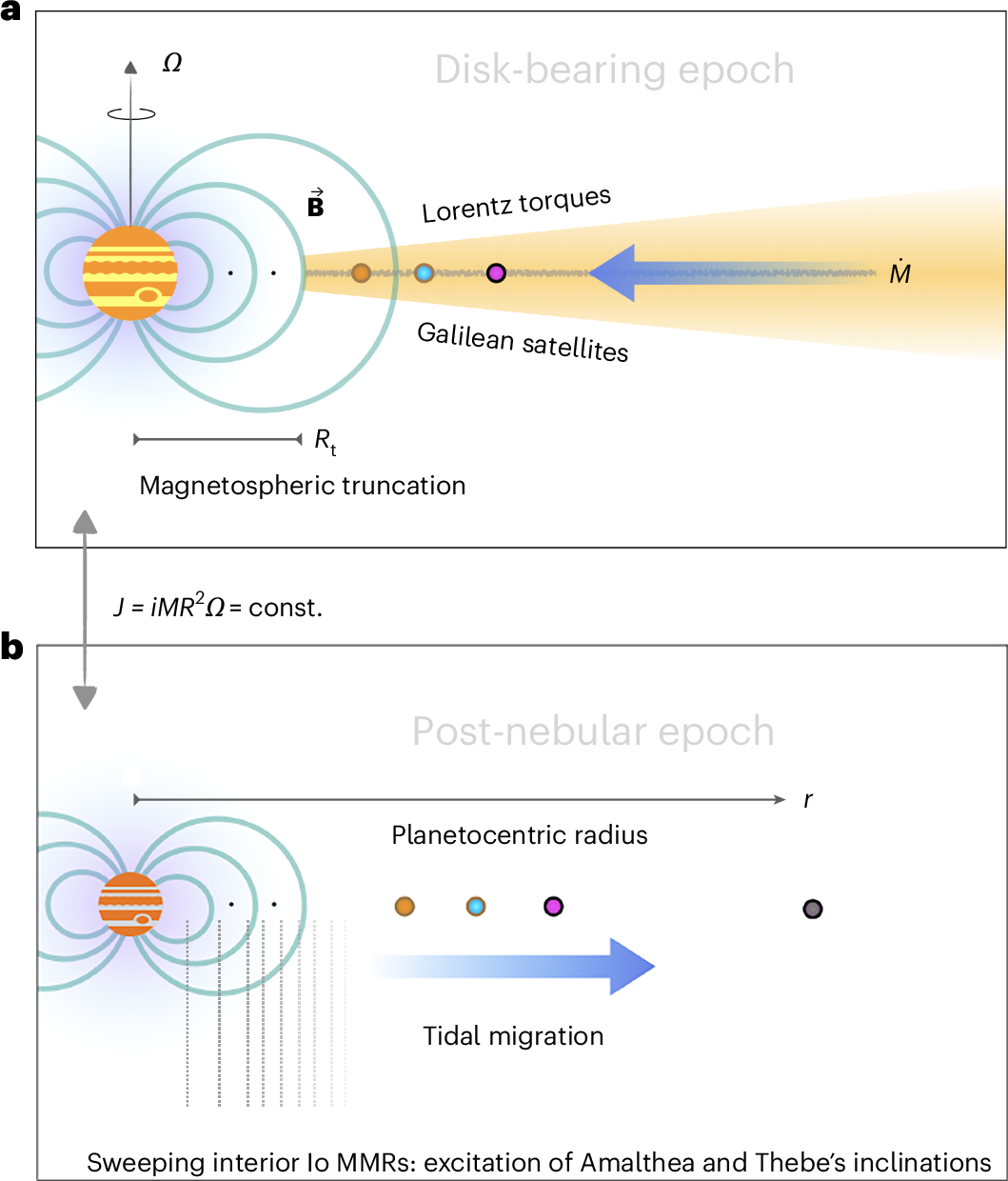 Il modello proposto dal team. Il pannello A mostra Giove verso la fine della nebulosa solare, con il suo disco circumplanetario influenzato dal campo magnetico e dai satelliti principali. Il pannello B mostra l’evoluzione successiva: Ia migrazione verso l’esterno, disturbando le orbite di Amalthea e Thebe, mentre la rotazione di Giove rimane quasi invariata. Credits: Batygin, Adams 2025