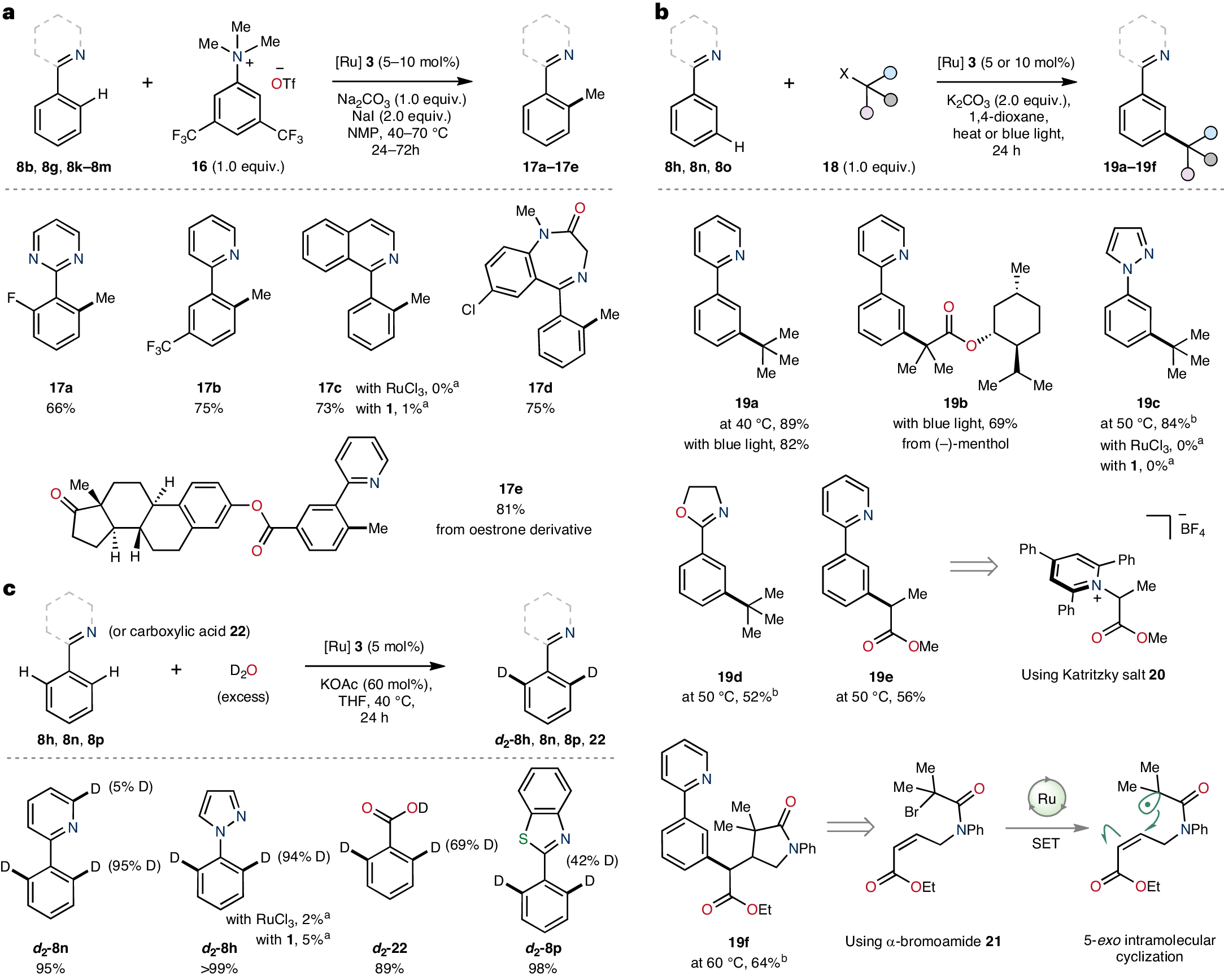 Fig. 2: RuAqua 3 as a precatalyst for selective ortho- and monoselective arene methylation and applicability to distal meta-functionalization.