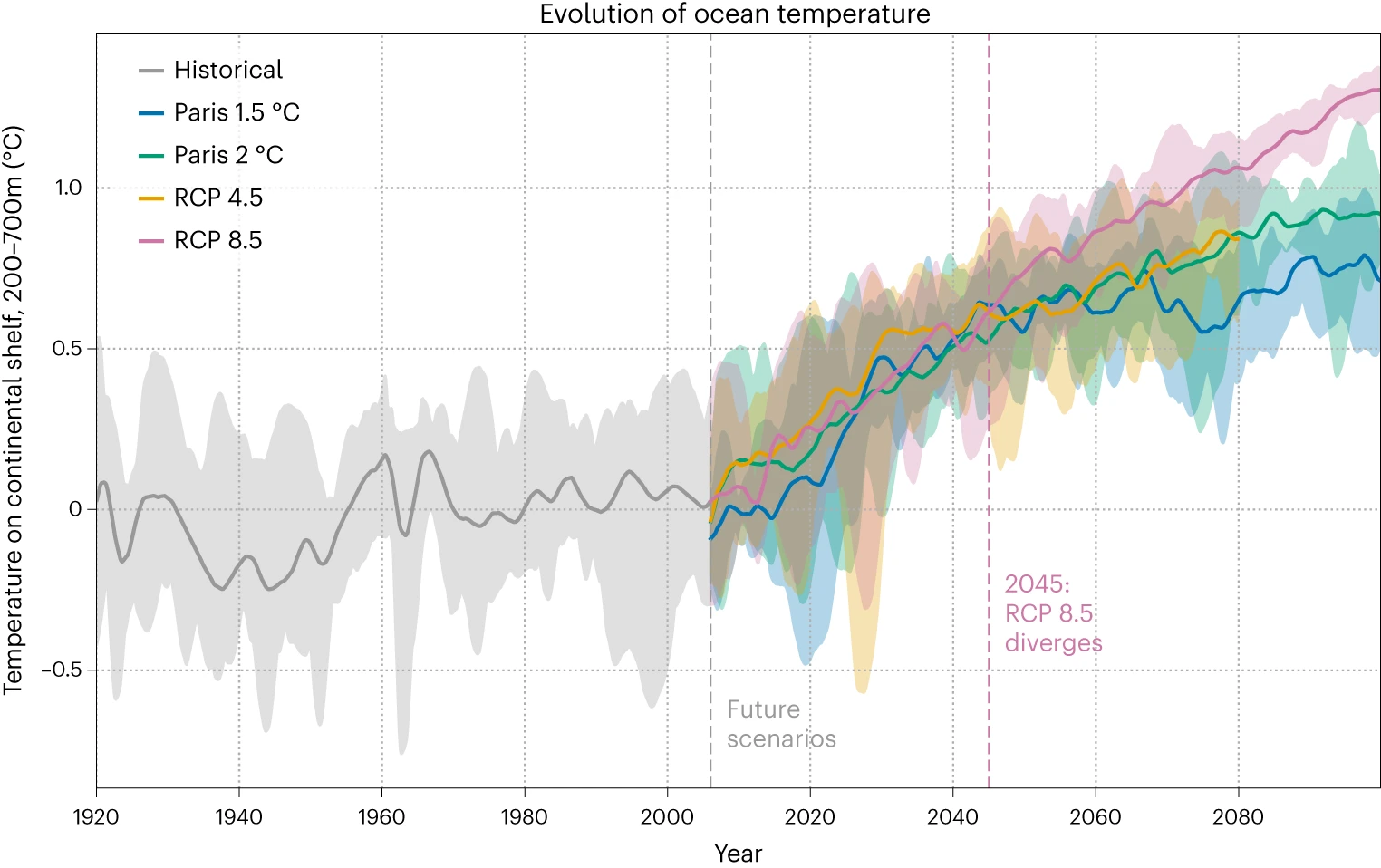 Antártida Ocidental - Temperatura do oceano nos cinco cenários principais.