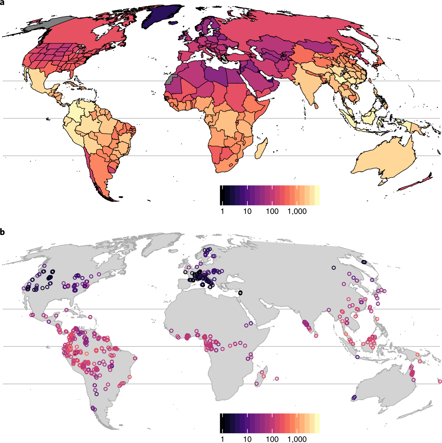 Global patterns and drivers of tree diversity integrated across a continuum  of spatial grains | Nature Ecology & Evolution