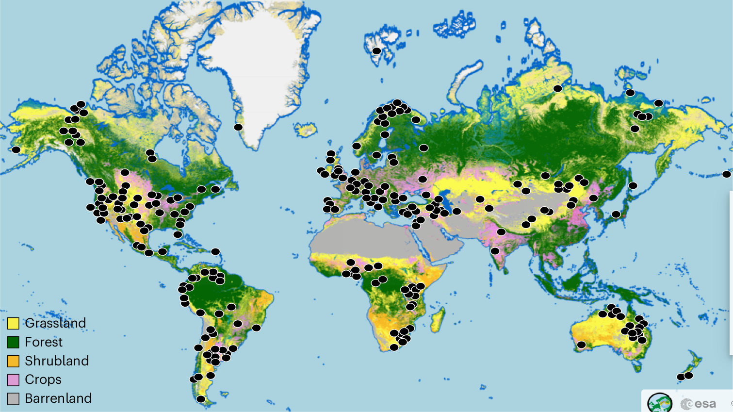 Fig. 1: Grassland sites of this study, in relation to the WC land cover map.