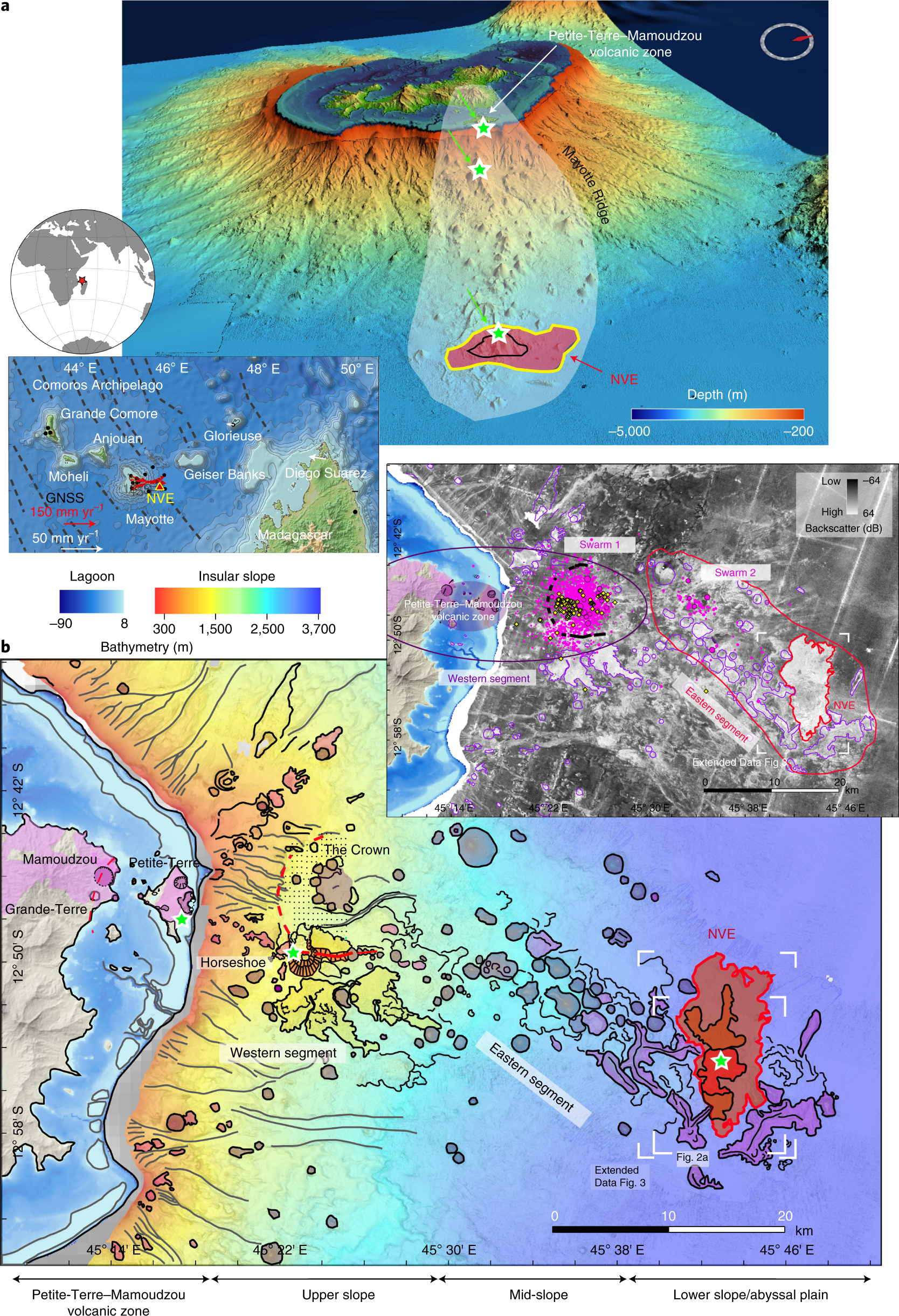 Birth of a large volcanic edifice offshore Mayotte via lithosphere