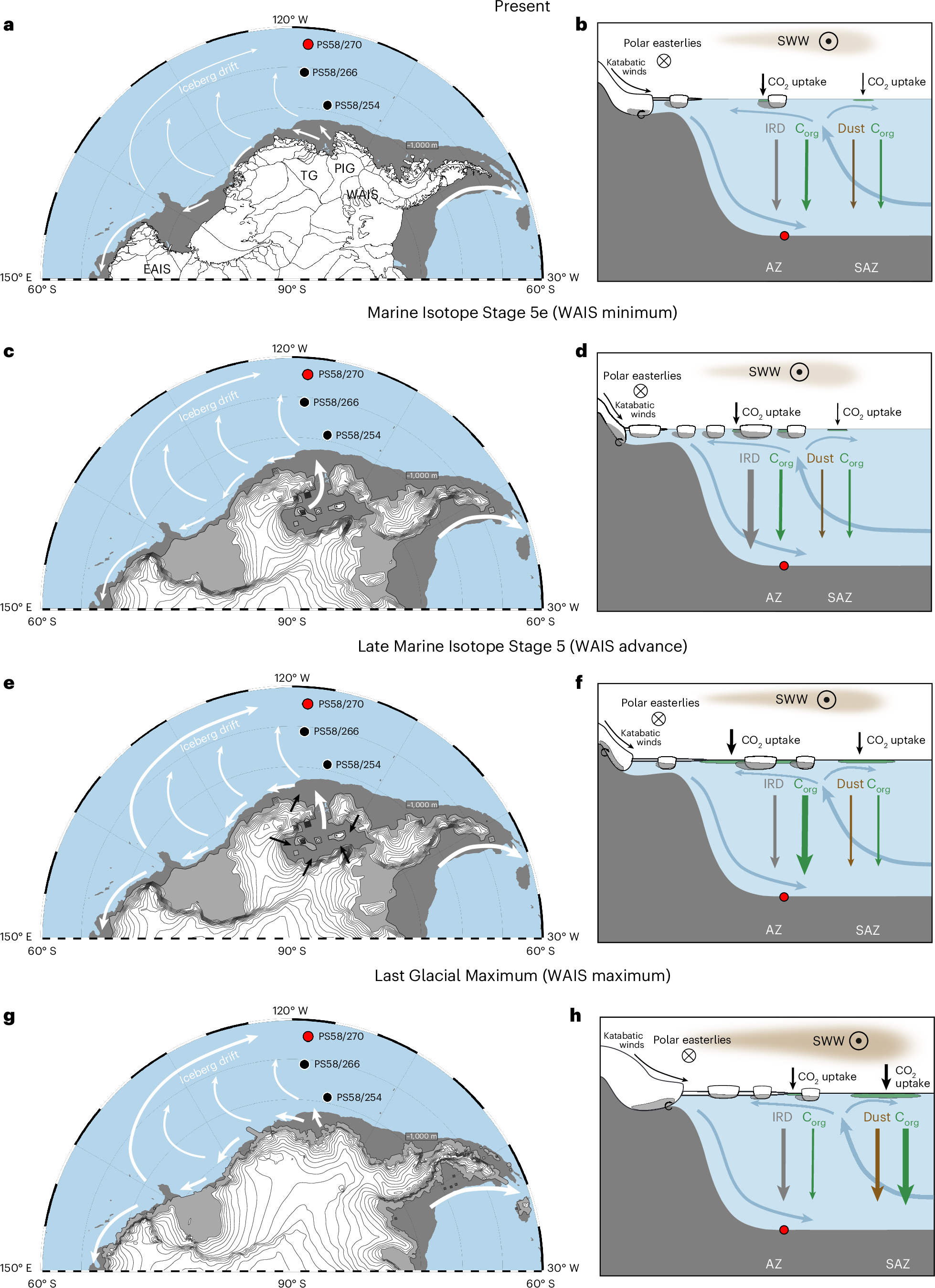 Fig. 4: Schematic of major phases of ice-driven carbon uptake in the Southeast Pacific over the last glacial cycle.