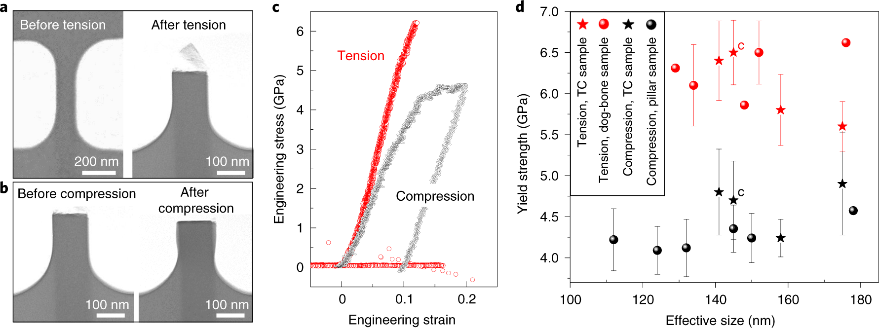 Tension–compression asymmetry in amorphous silicon
