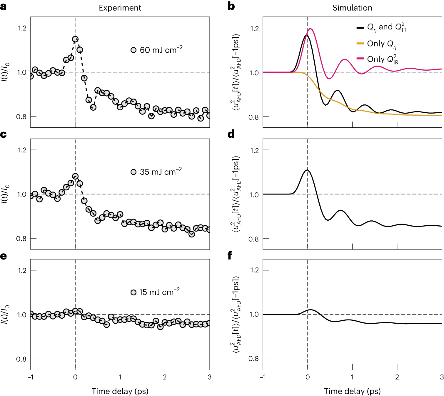 Fig. 4: Excitation-fluence-dependent measurements and simulations.