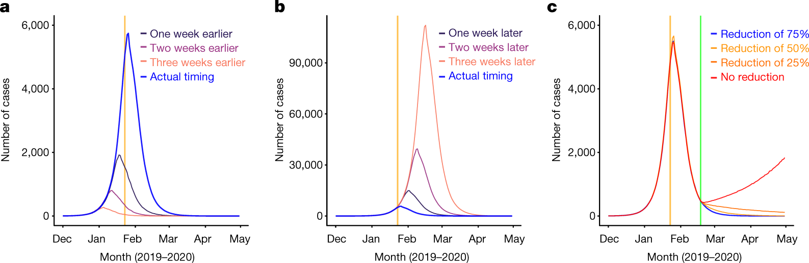 Fig. 3: Estimates of the COVID-19 outbreak under various scenarios of intervention timing and lifting of travel restrictions across China.