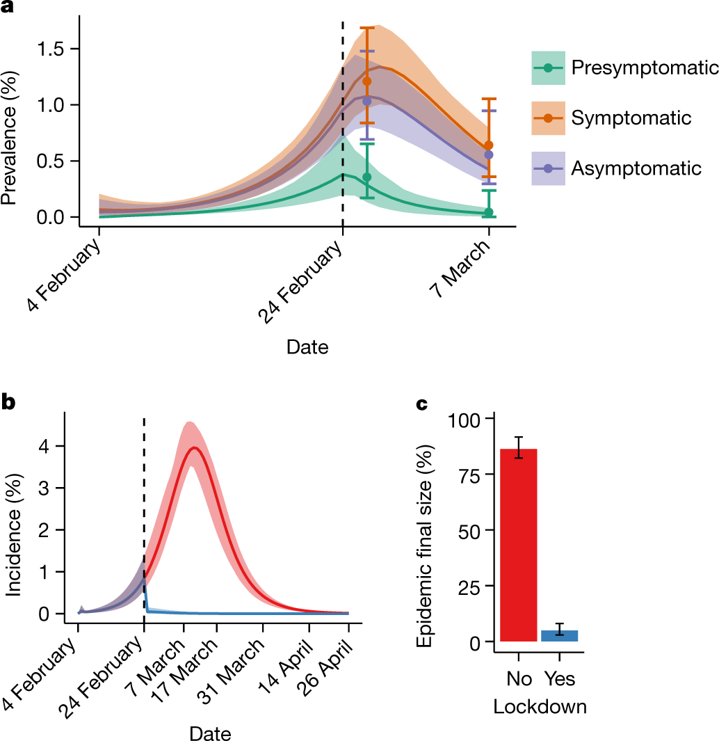 Fig. 3: SARS-CoV-2 dynamics of the mitigated and counterfactual unmitigated epidemic in Vo’ and the relative final size estimates.