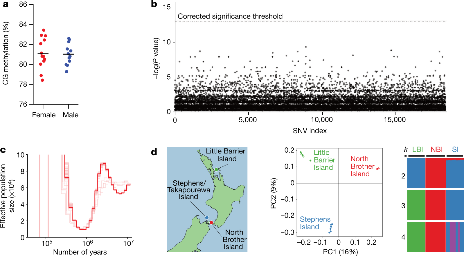 Fig. 3: Analysis of sex differences, demographic history and population structure.